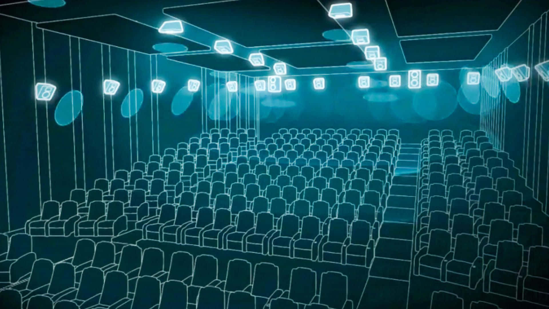 Dolby Atmos, neon lights, glowing blue outlines, Full HD Desktop Wallpaper