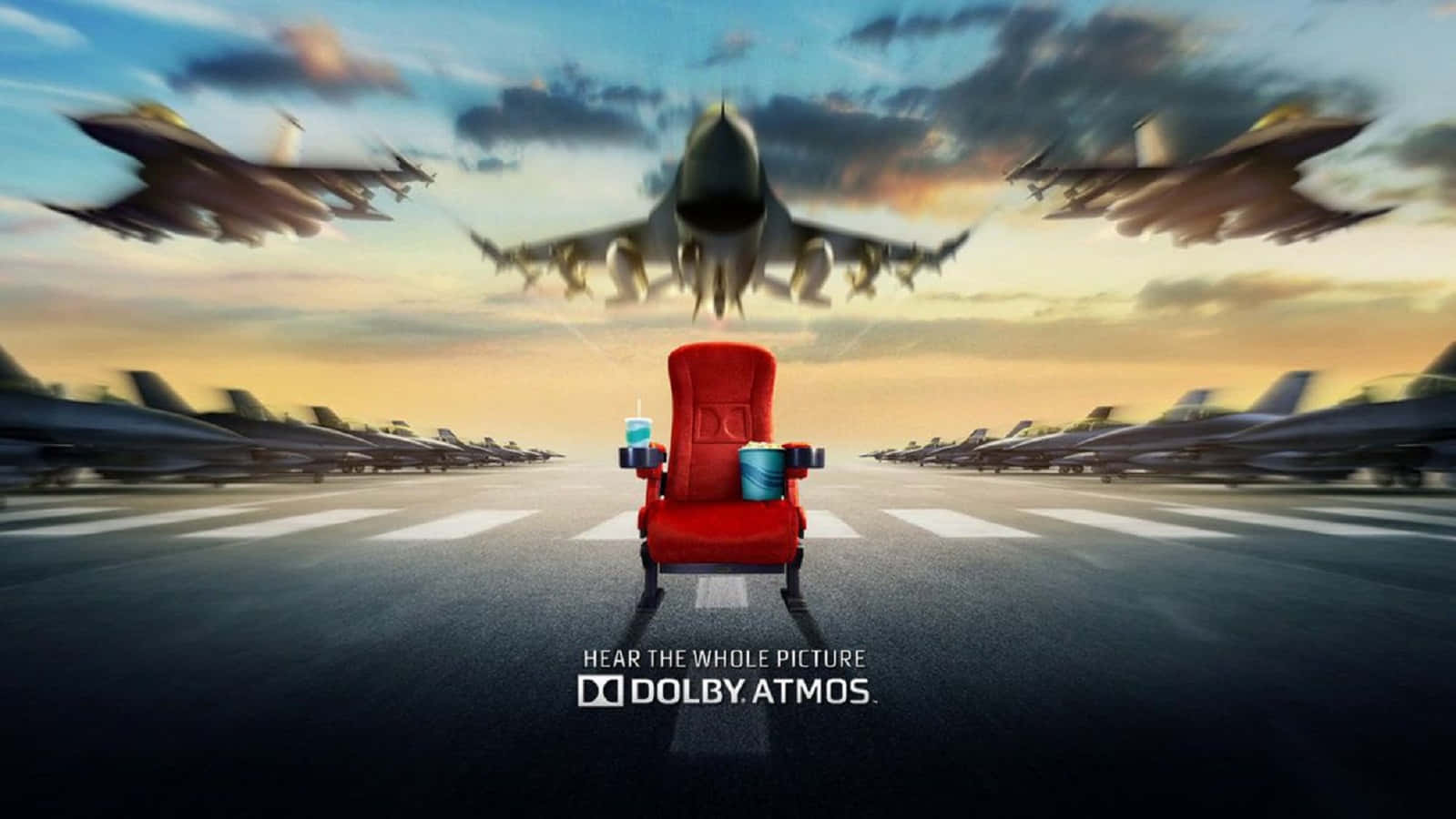 Dolby Atmos, red cinema chair, airport tarmac, HD Desktop Wallpaper
