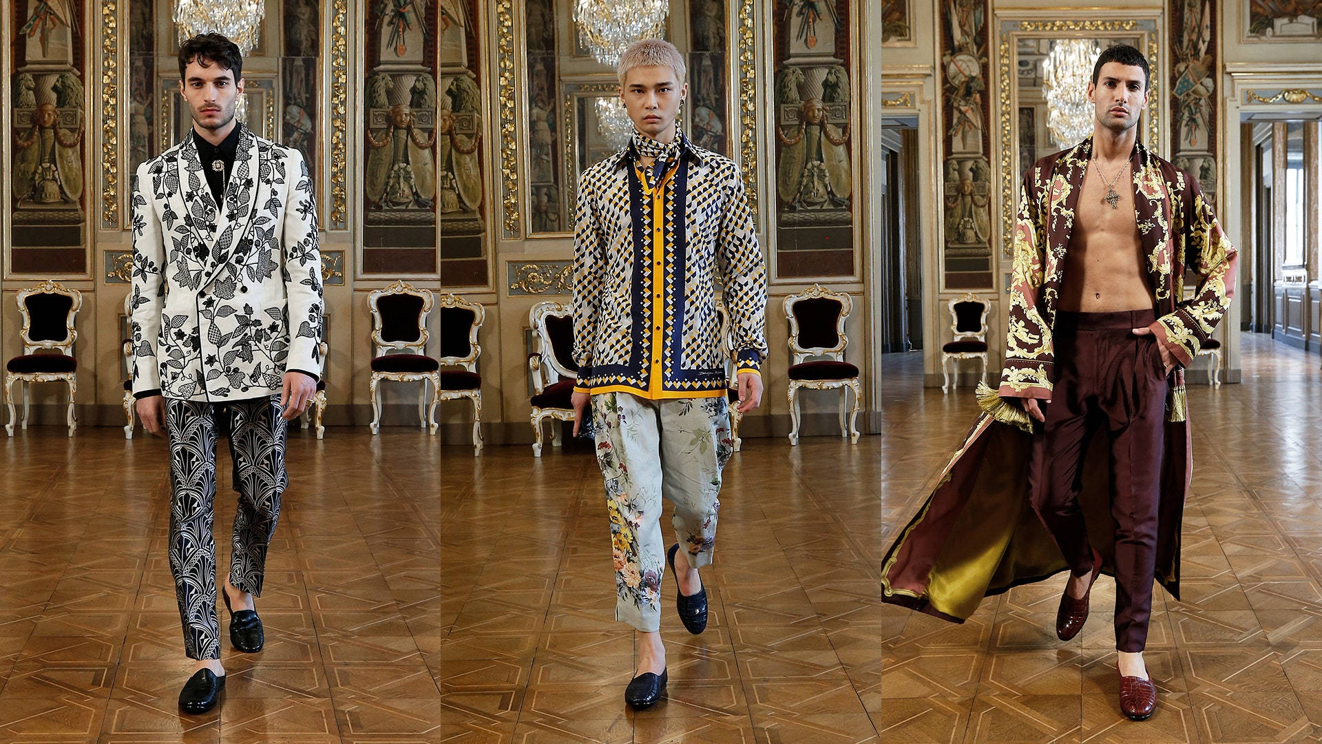 Dolce And Gabbana, male models, ornate patterned outfits, Full HD Desktop Wallpaper