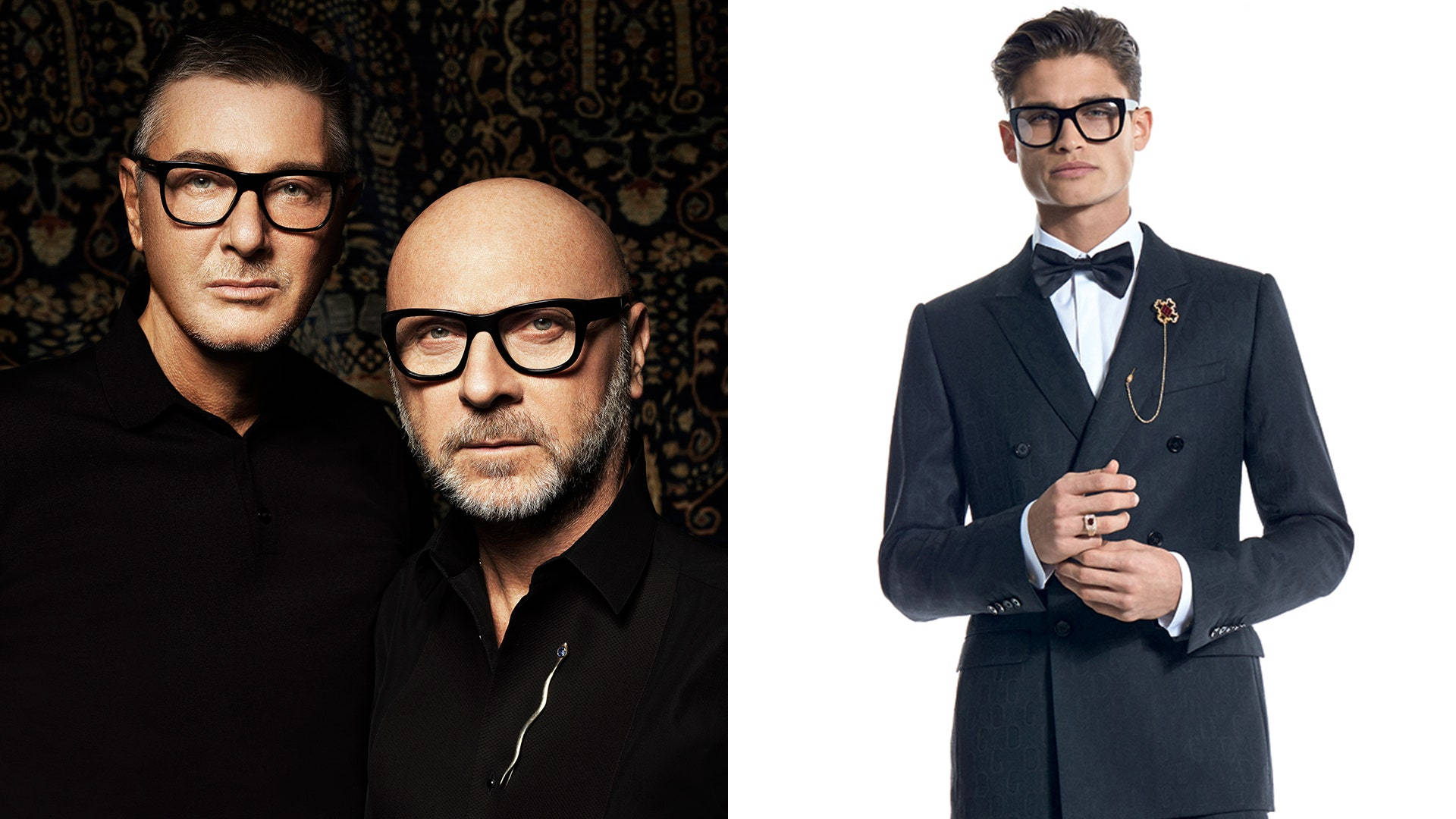 Dolce And Gabbana, black-rimmed glasses, ornate dark wallpaper, Full HD Desktop Wallpaper