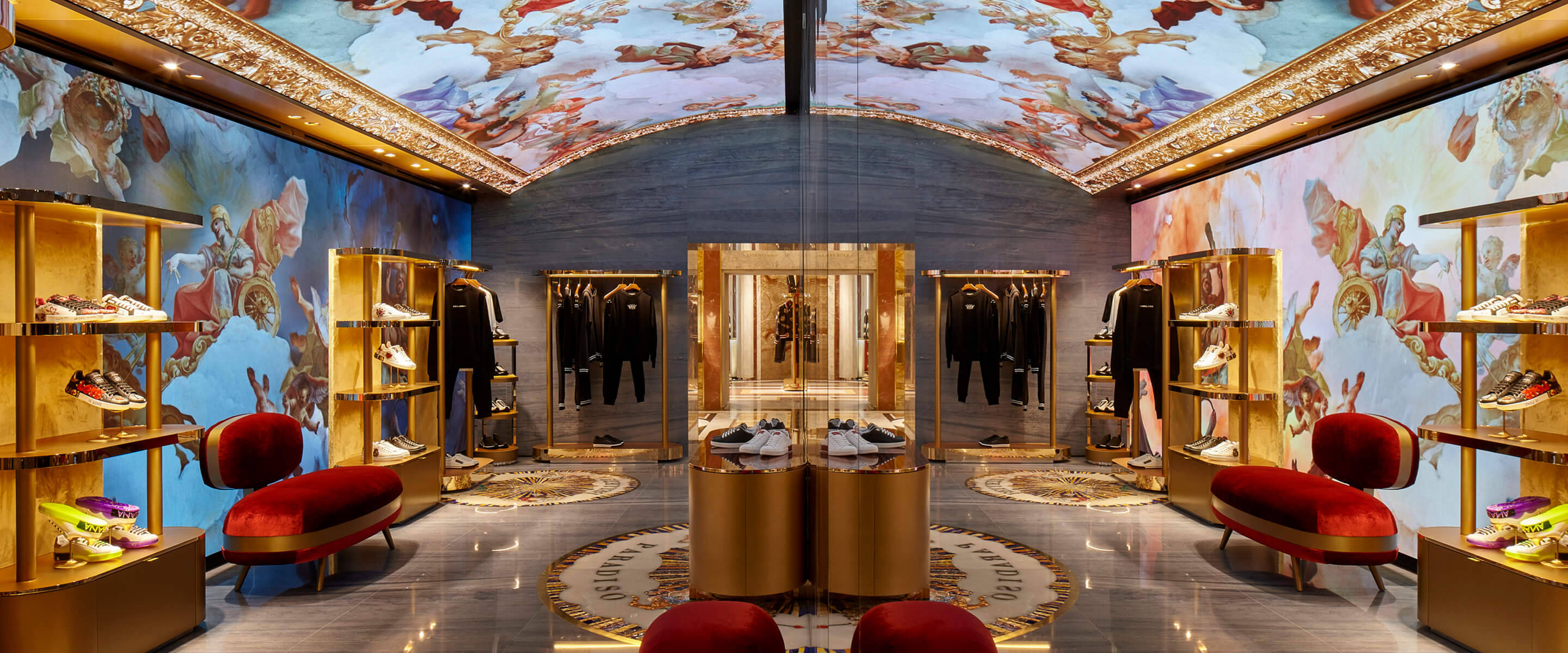 Dolce And Gabbana, golden shelves, red velvet chairs, 2K Desktop Wallpaper