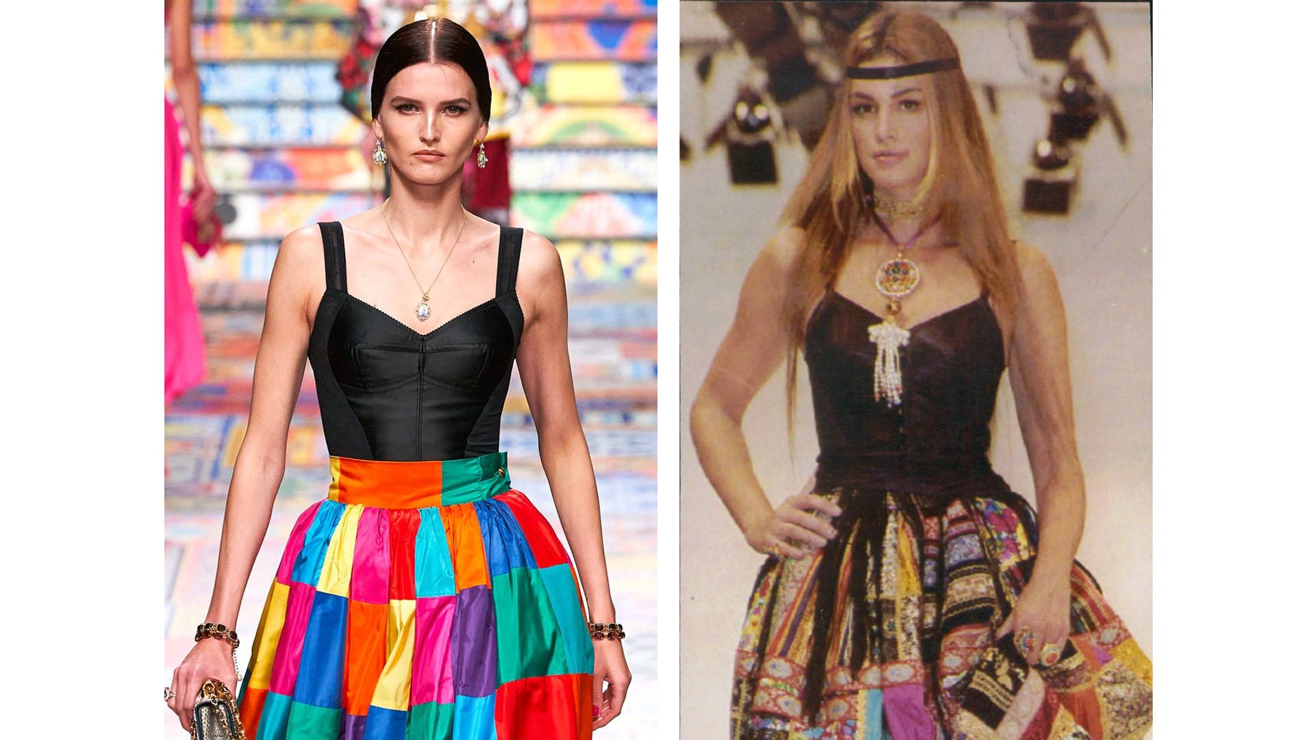 Dolce And Gabbana, black top, rainbow patchwork skirt, Full HD Desktop Wallpaper