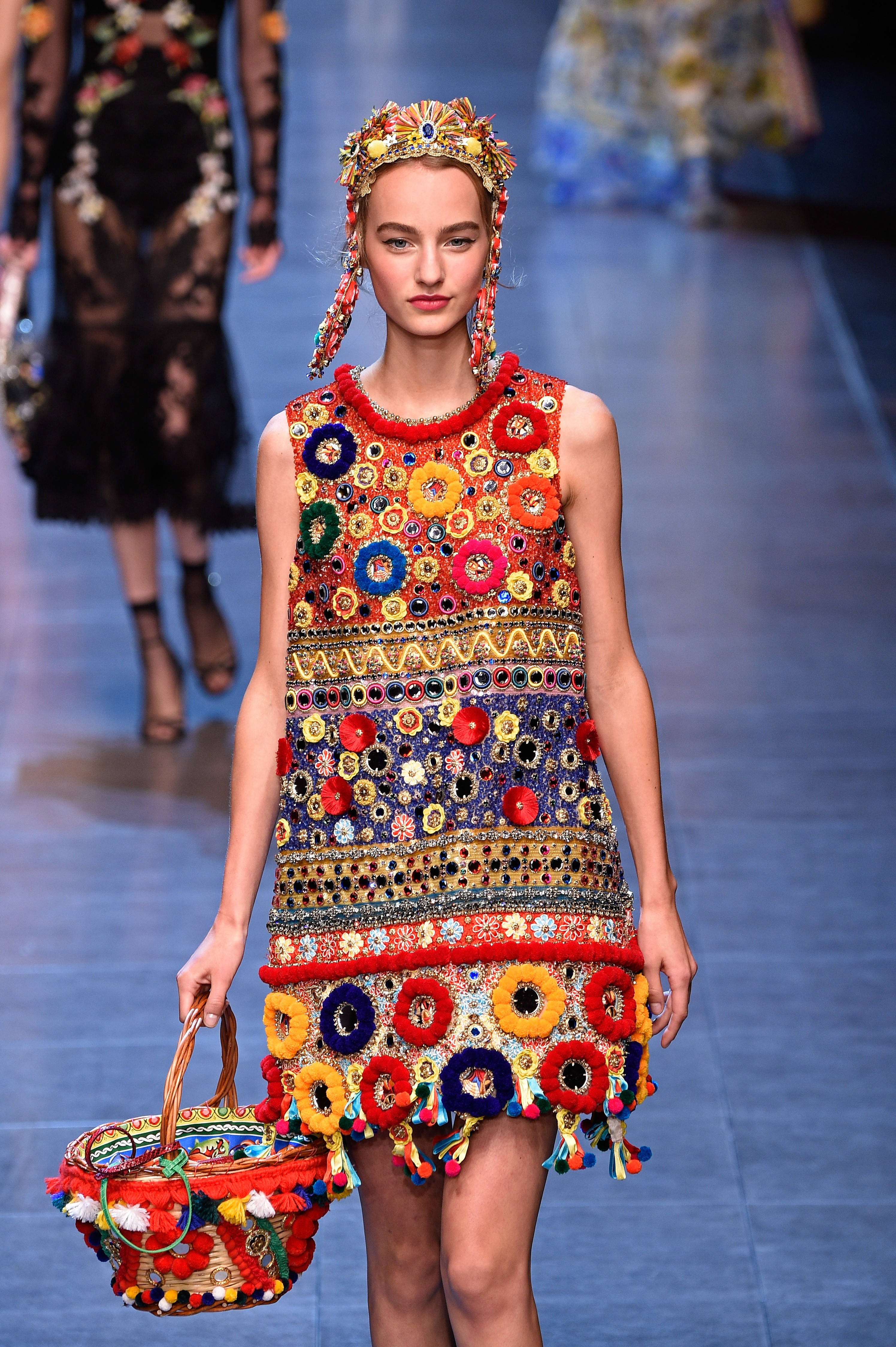 Dolce And Gabbana, red flowery dress, vibrant colorful beaded dress, 4K Phone Wallpaper