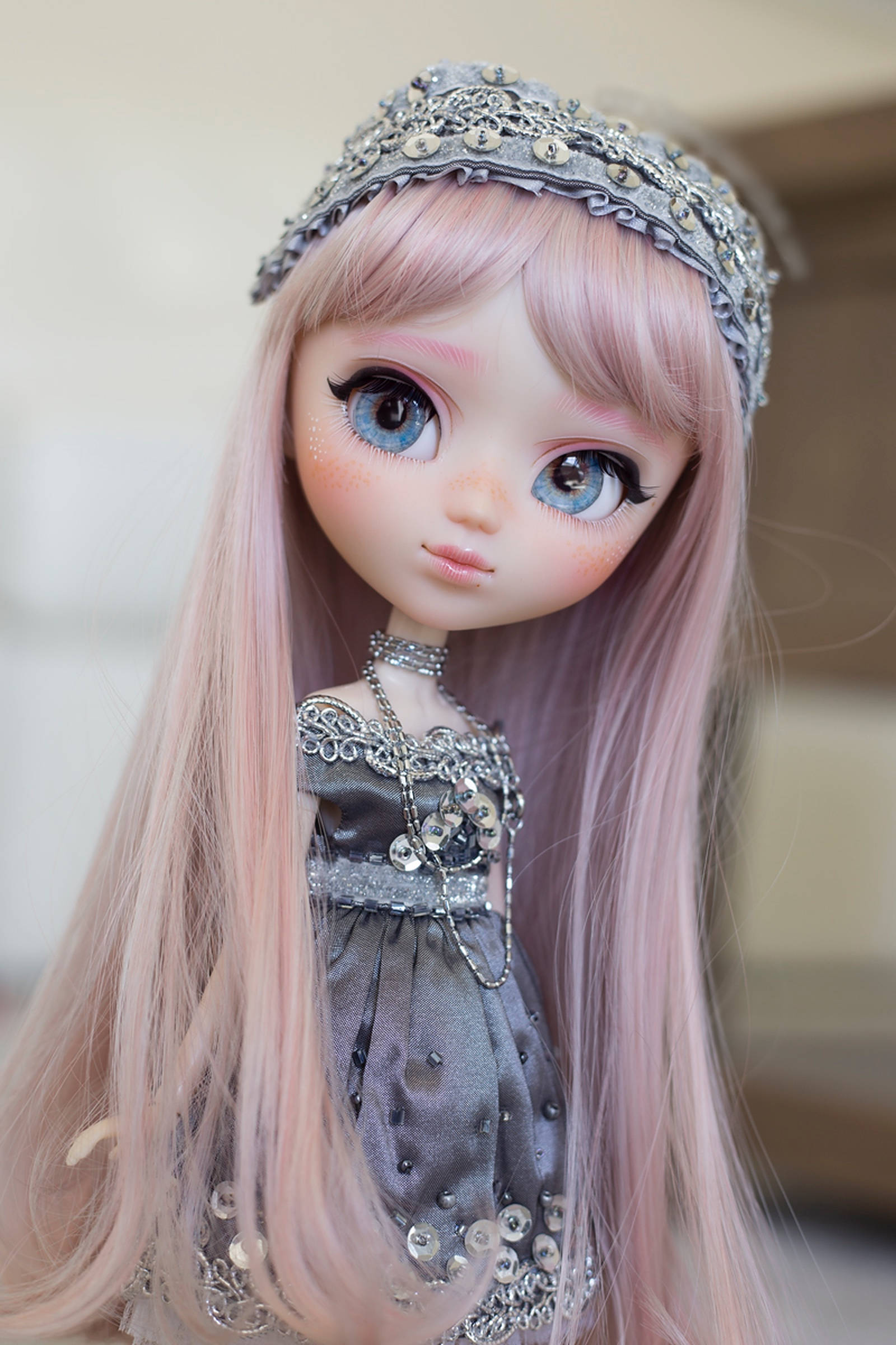 doll, classy gown, long pink hair, Full HD Phone Wallpaper