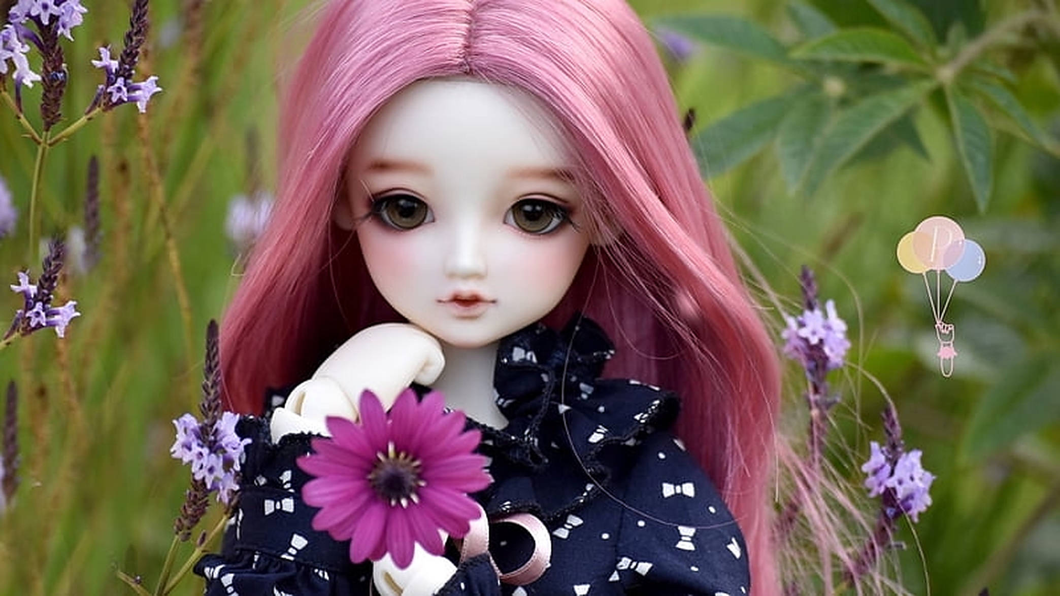 pink hair, purple flower, lavender blooms, Full HD Desktop Wallpaper