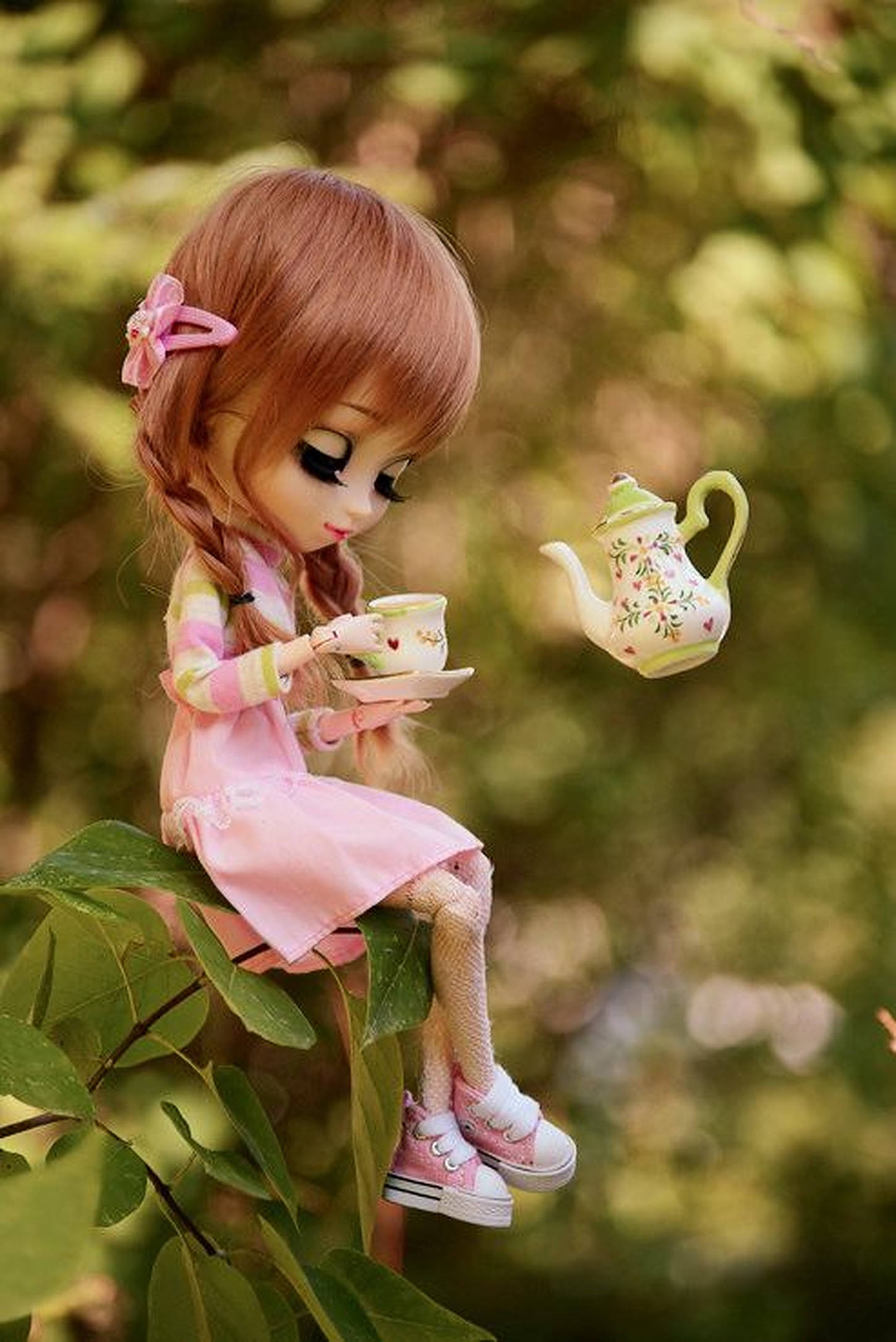 doll, braided hair, leafy branch, Full HD Phone Wallpaper