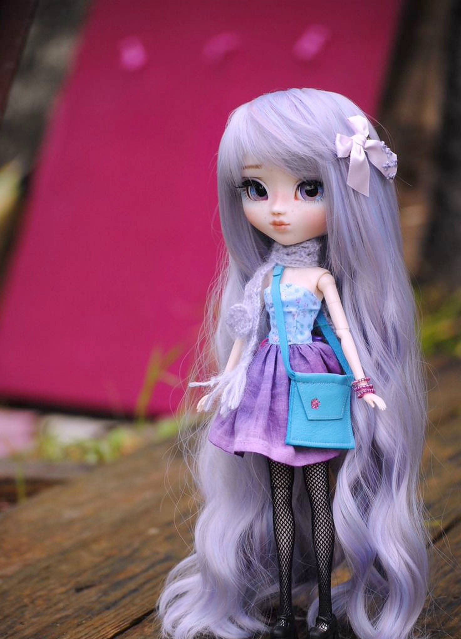 doll, lavender hair, blue purse, Full HD Phone Wallpaper