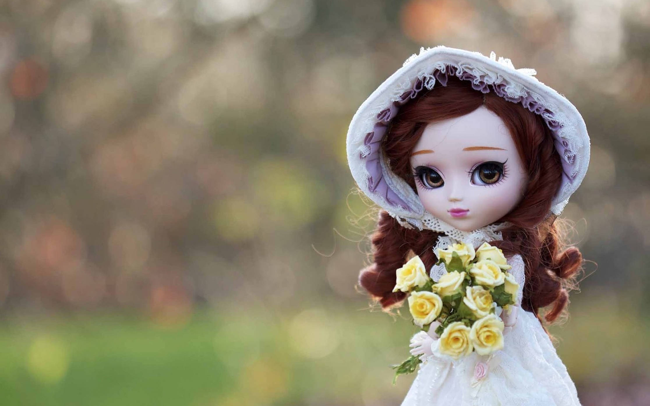 doll, yellow roses, white bonnet, Full HD Desktop Wallpaper
