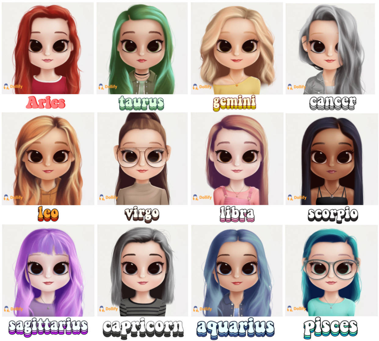 Dollify, zodiac sign, cartoon girls, SD Desktop Wallpaper
