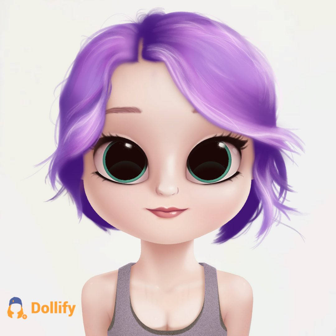 Dollify, vibrant purple hair, oversized teal eyes, SD Desktop Wallpaper