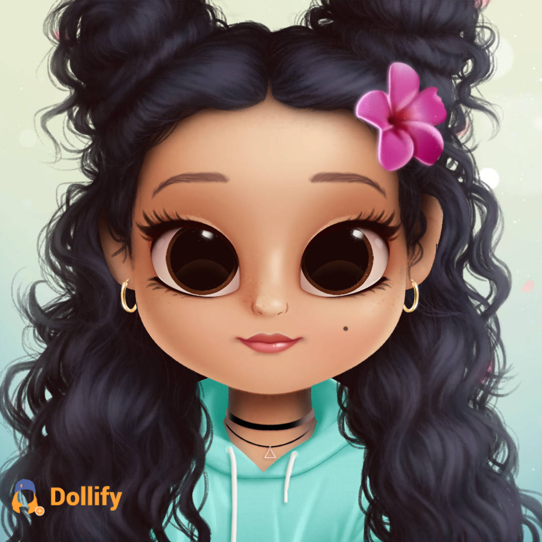 Dollify, curly black hair, pink flower, SD Desktop Wallpaper