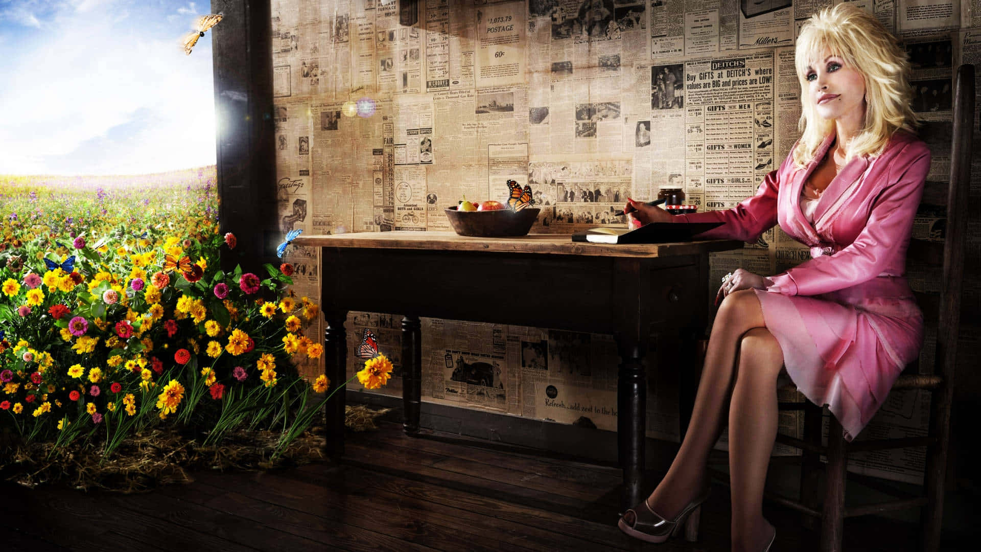 Dolly Parton, pink suit, wooden table, Full HD Desktop Wallpaper