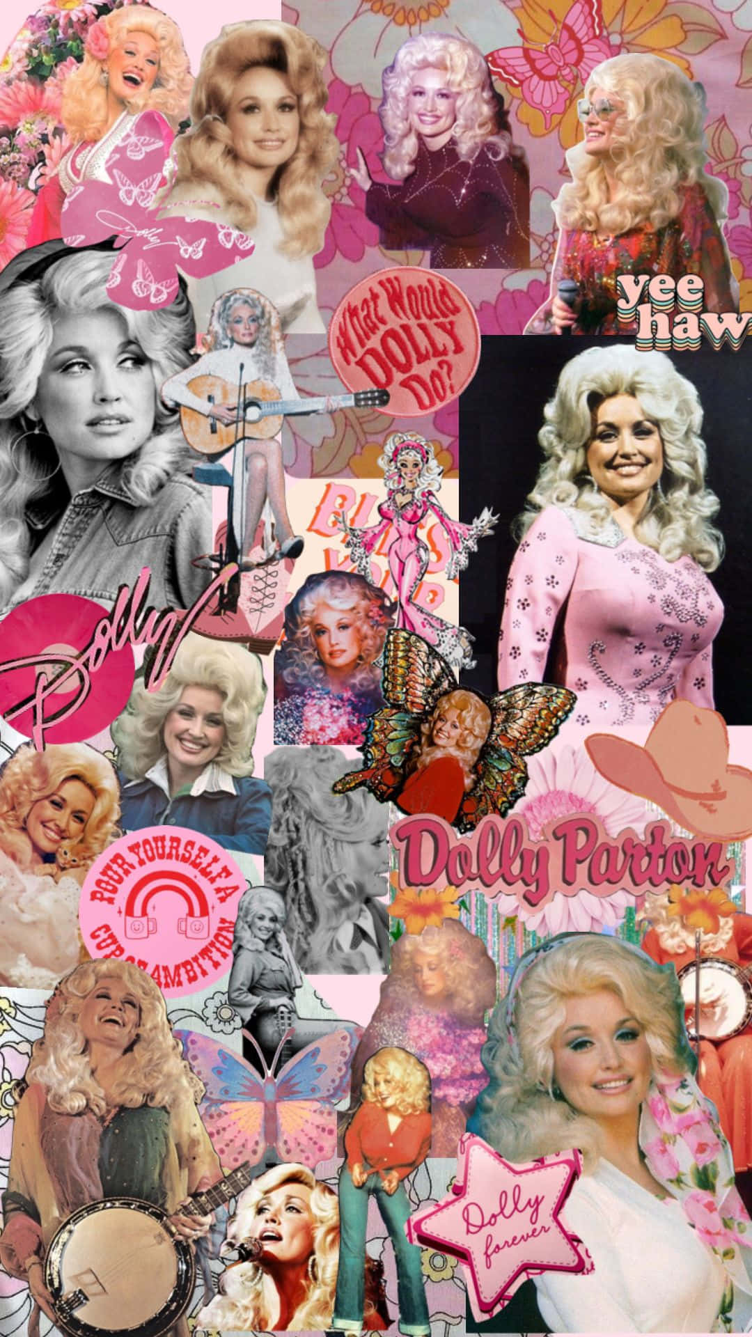 Dolly Parton, collage, butterflies, Full HD Phone Wallpaper