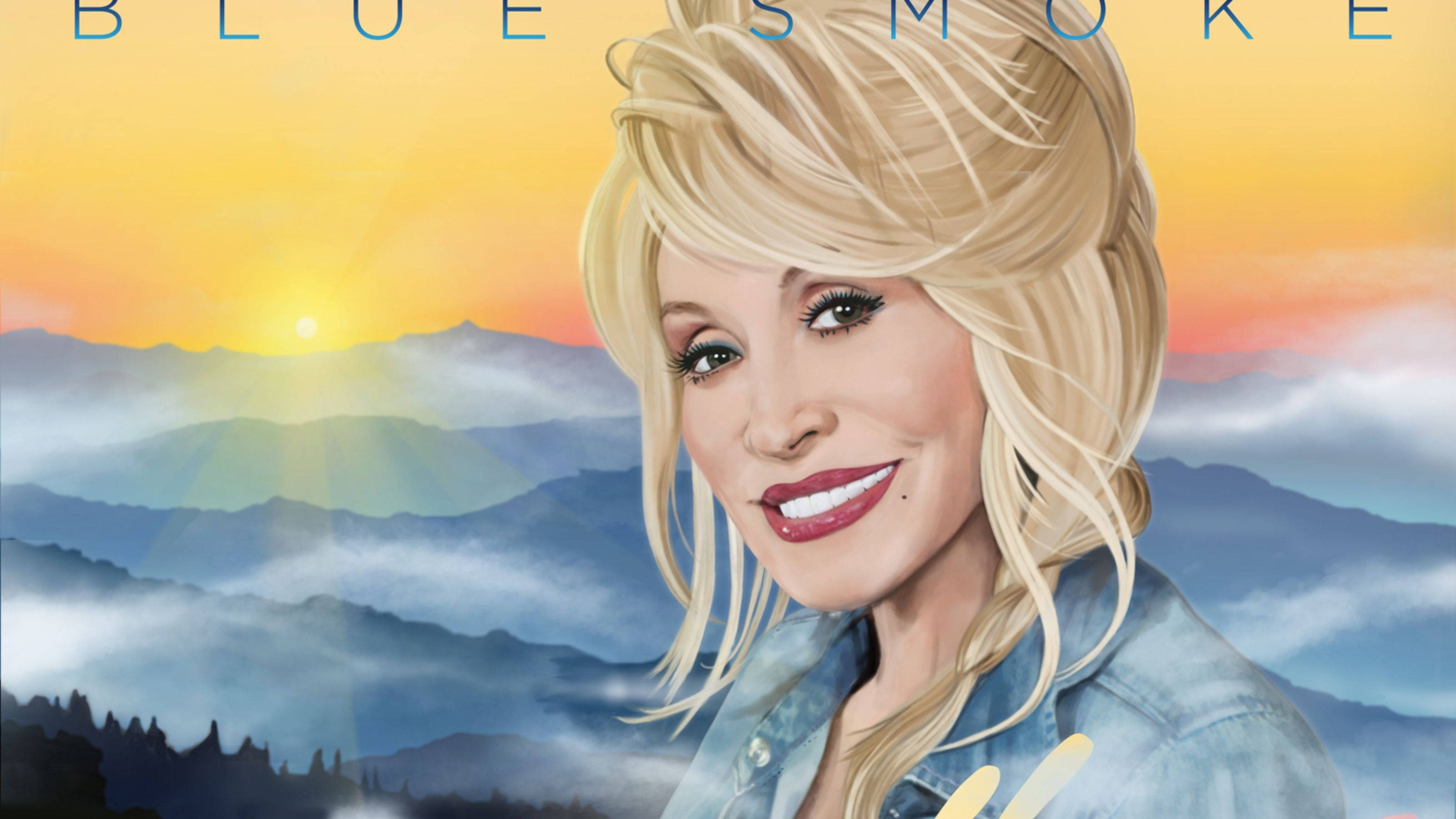 Dolly Parton, misty mountain sunrise, vibrant digital portrait, 2K Desktop Wallpaper