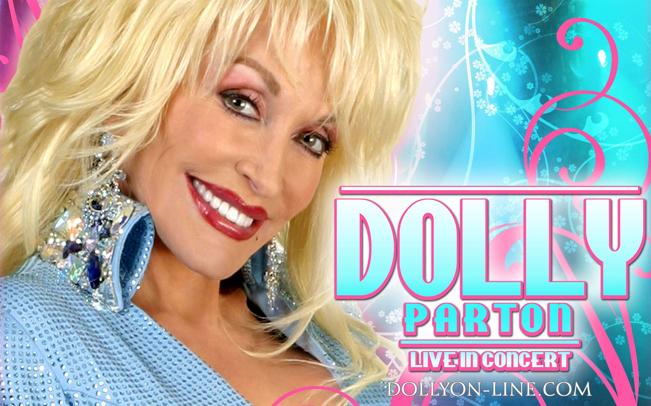 Dolly Parton, sparkling blue outfit, vibrant pink and blue concert graphic background, 2K Desktop Wallpaper