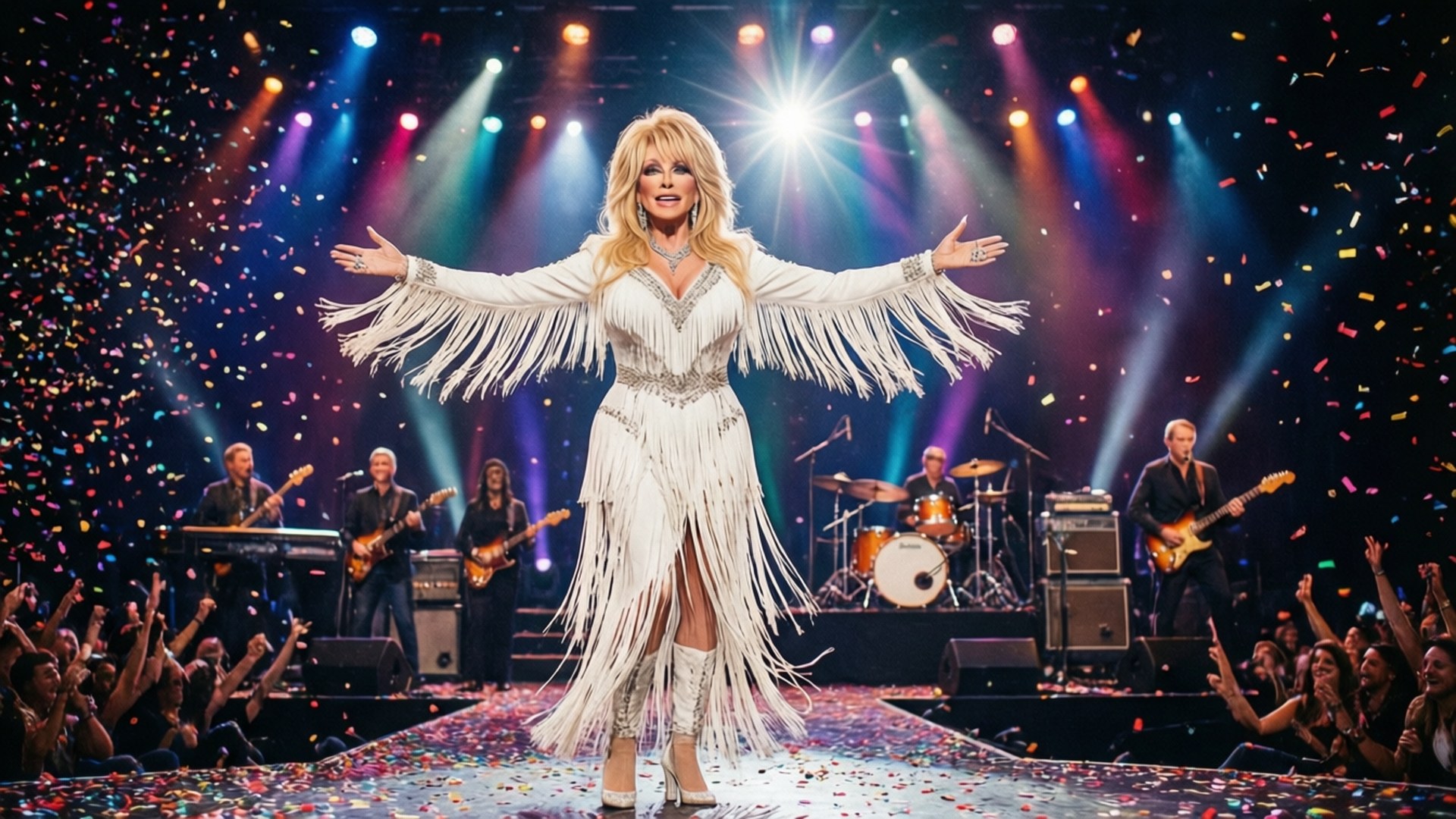 Dolly Parton, white fringed gown, confetti, Full HD Desktop Wallpaper