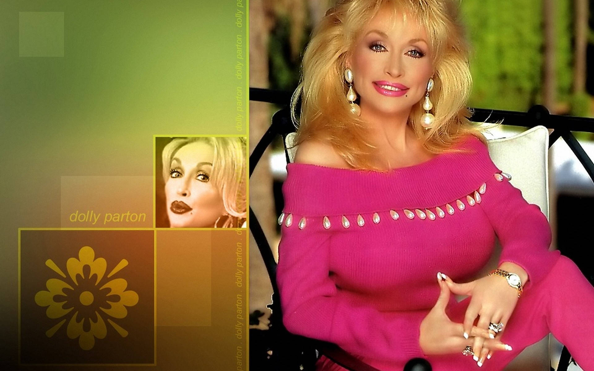 Dolly Parton, pink dress with pearls, off-shoulder sweater, Full HD Desktop Wallpaper