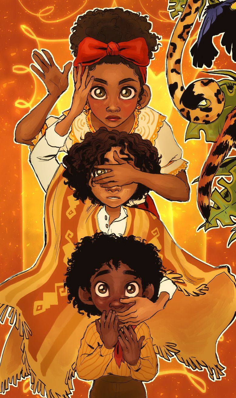 Dolores Madrigal, her brothers, vibrant orange background, HD Phone Wallpaper