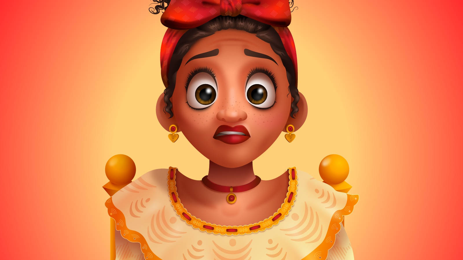 Dolores Madrigal, shocked expression, red bow, HD Desktop Wallpaper