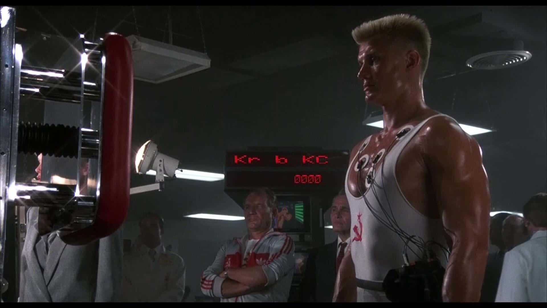 Dolph Lundgren, white tank top, dimly lit gym, Full HD Desktop Wallpaper