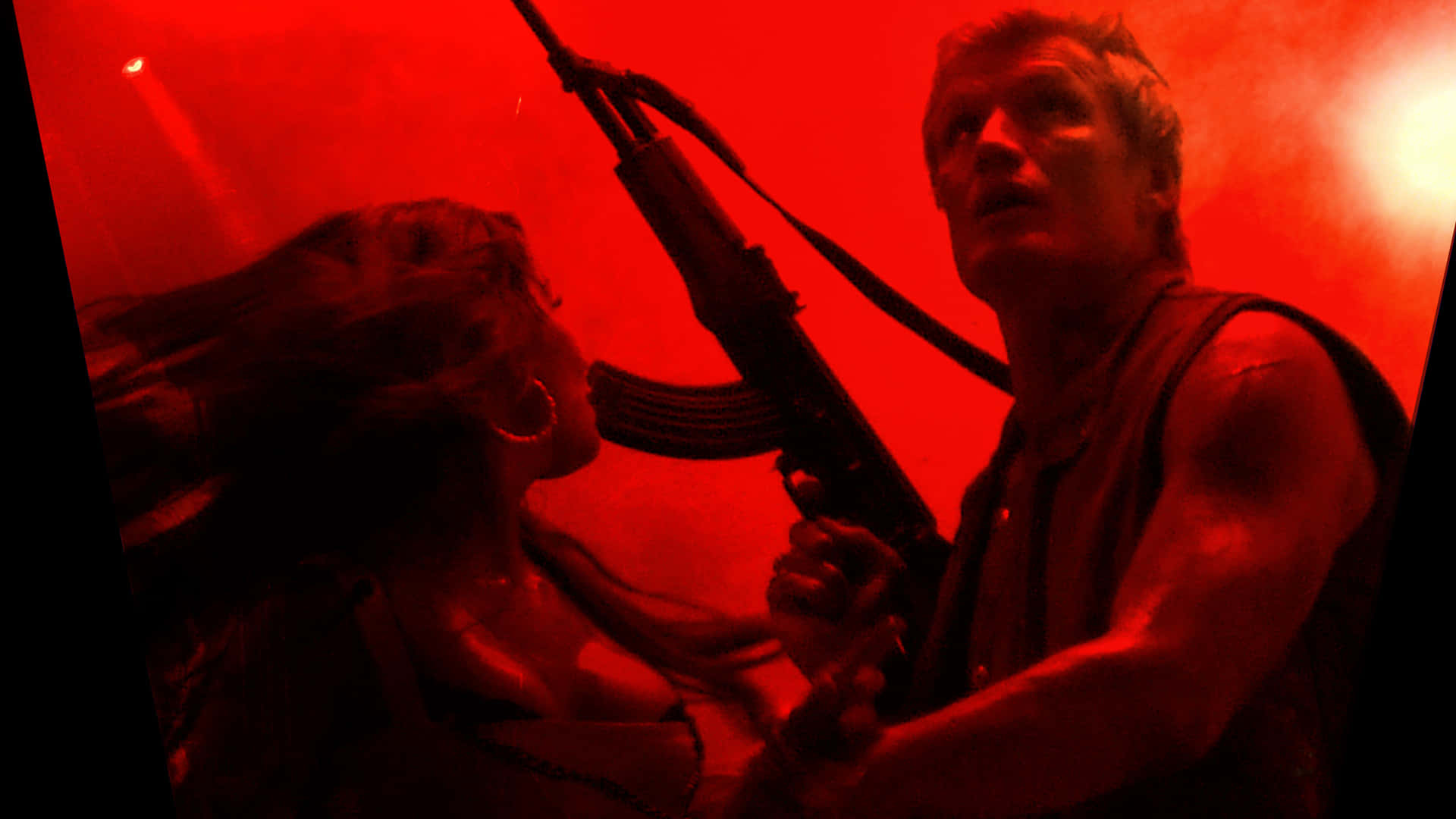 Dolph Lundgren, assault rifle, dim red-lit scene, Full HD Desktop Wallpaper
