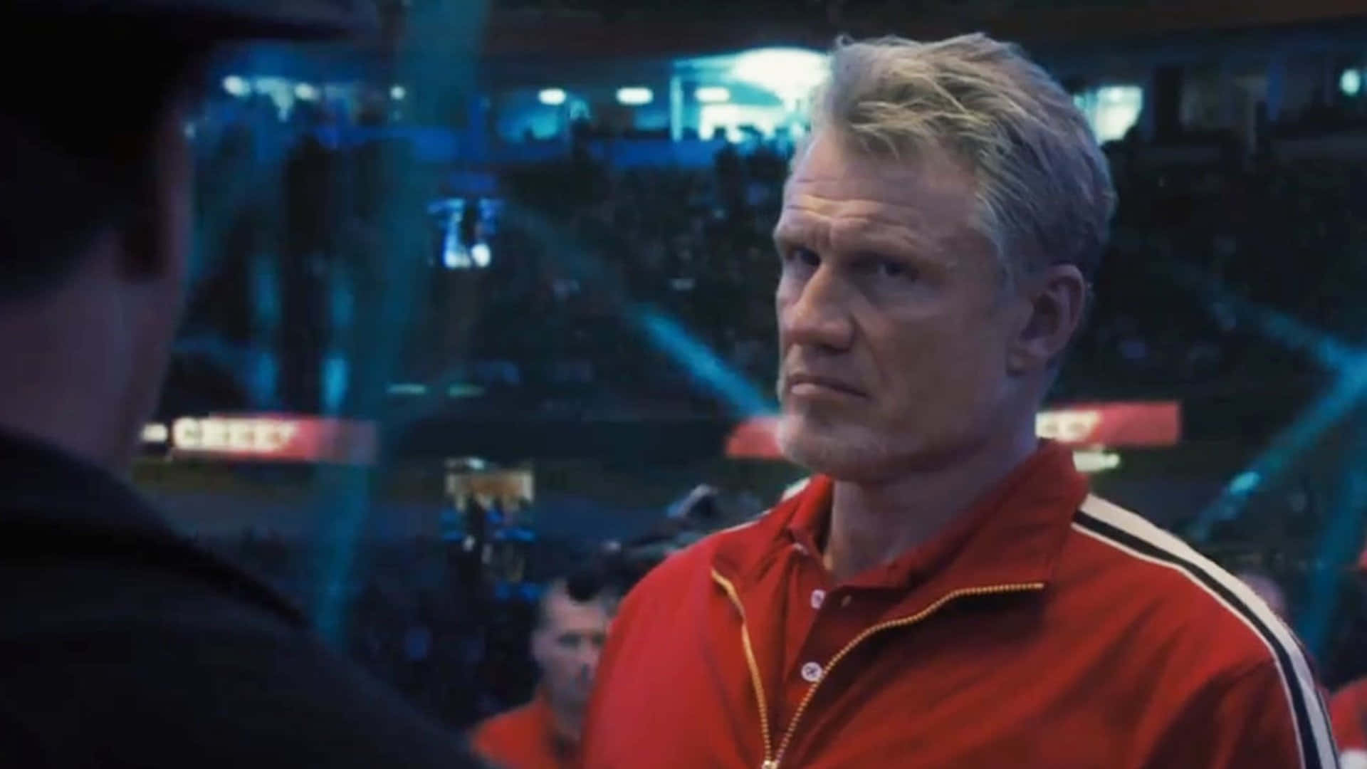 Dolph Lundgren, red jacket, dimly lit arena, Full HD Desktop Wallpaper