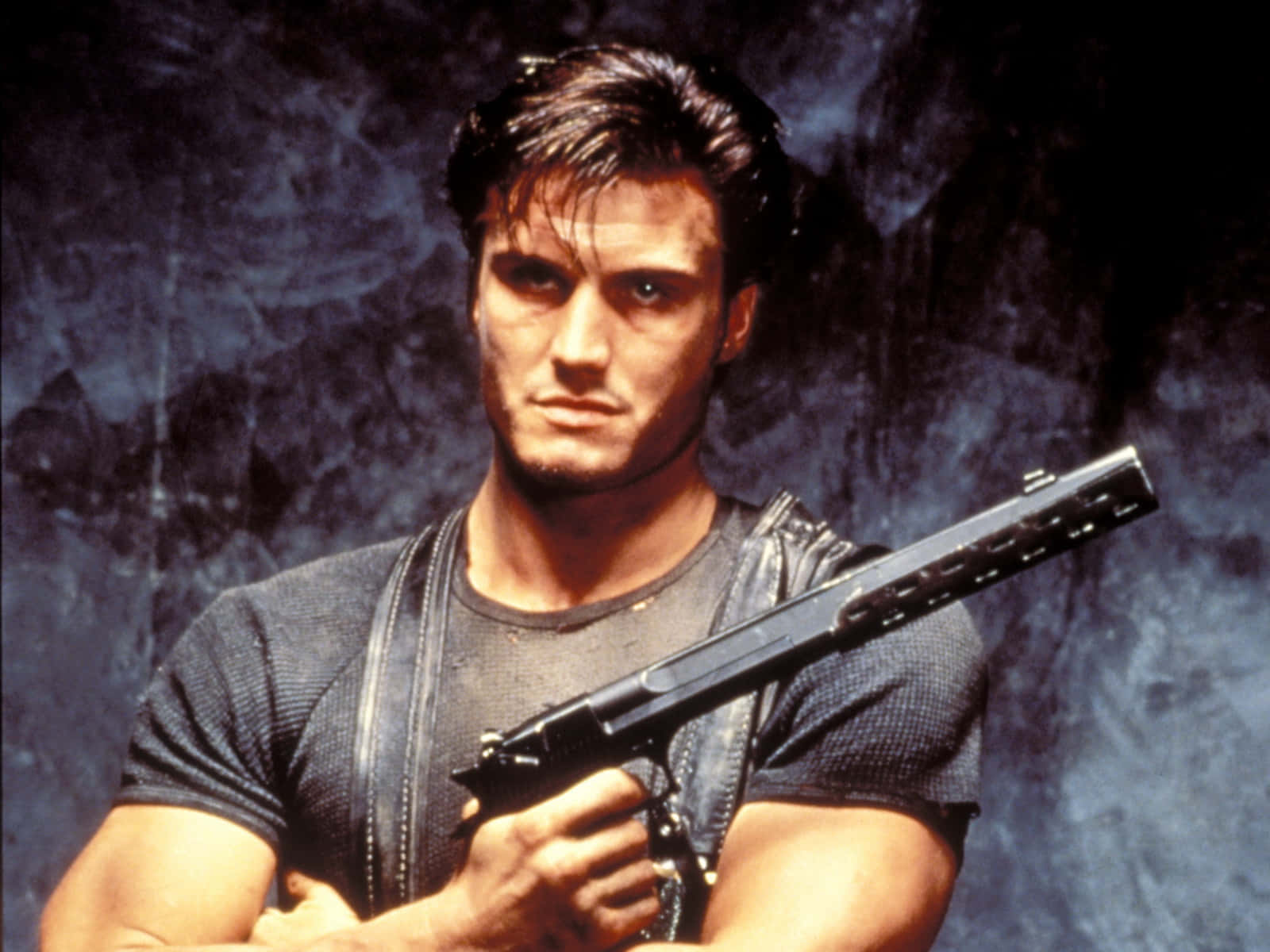 Dolph Lundgren, shotgun, dark textured blue background, HD Desktop Wallpaper