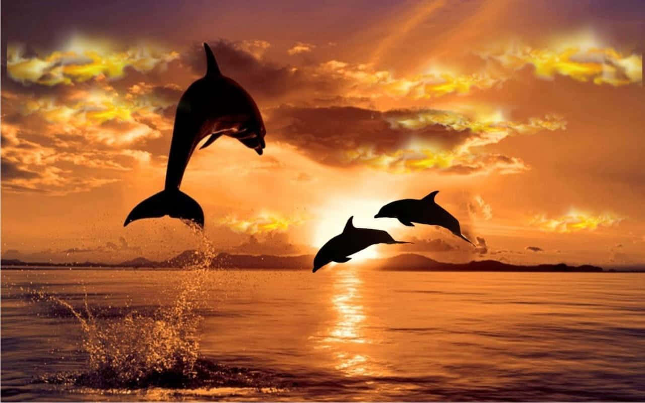 Dolphin, Sunset, Golden clouds, HD Desktop Wallpaper