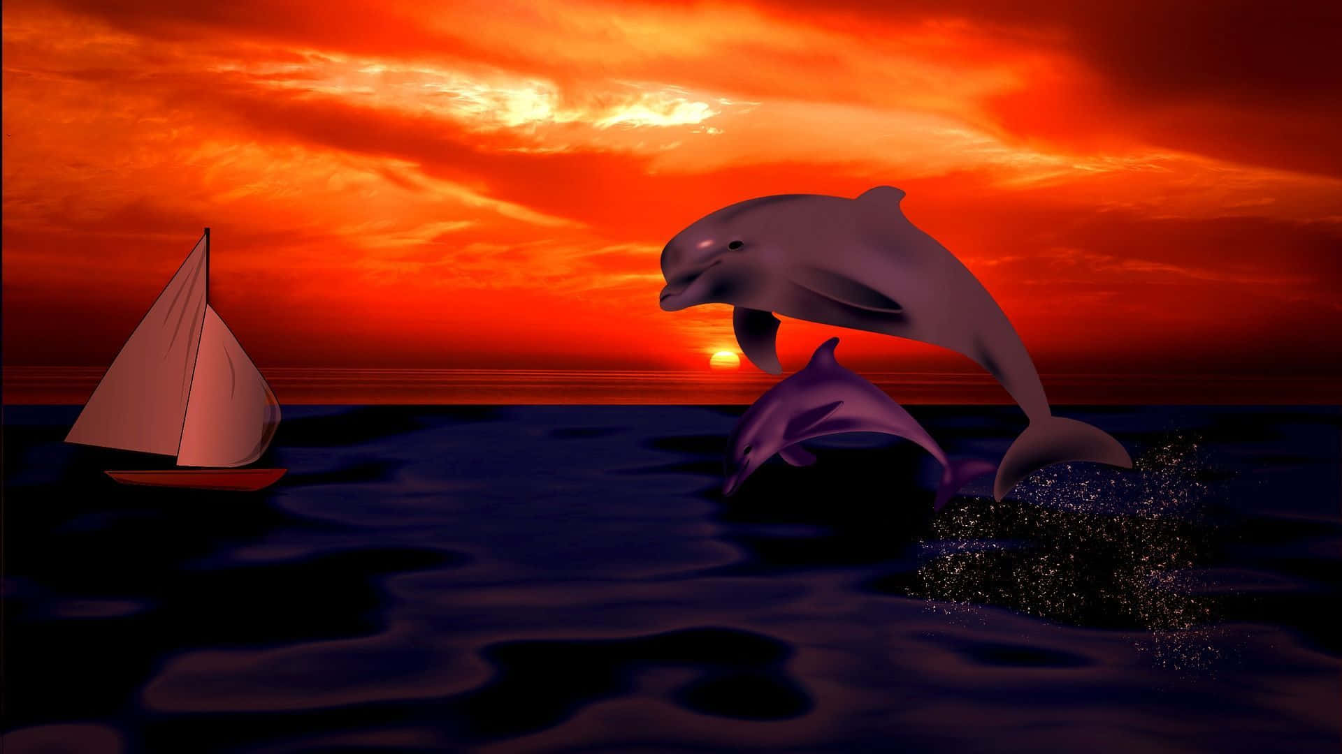 Dolphin Sunset, sailboat, fiery orange sunset sky, Full HD Desktop Wallpaper