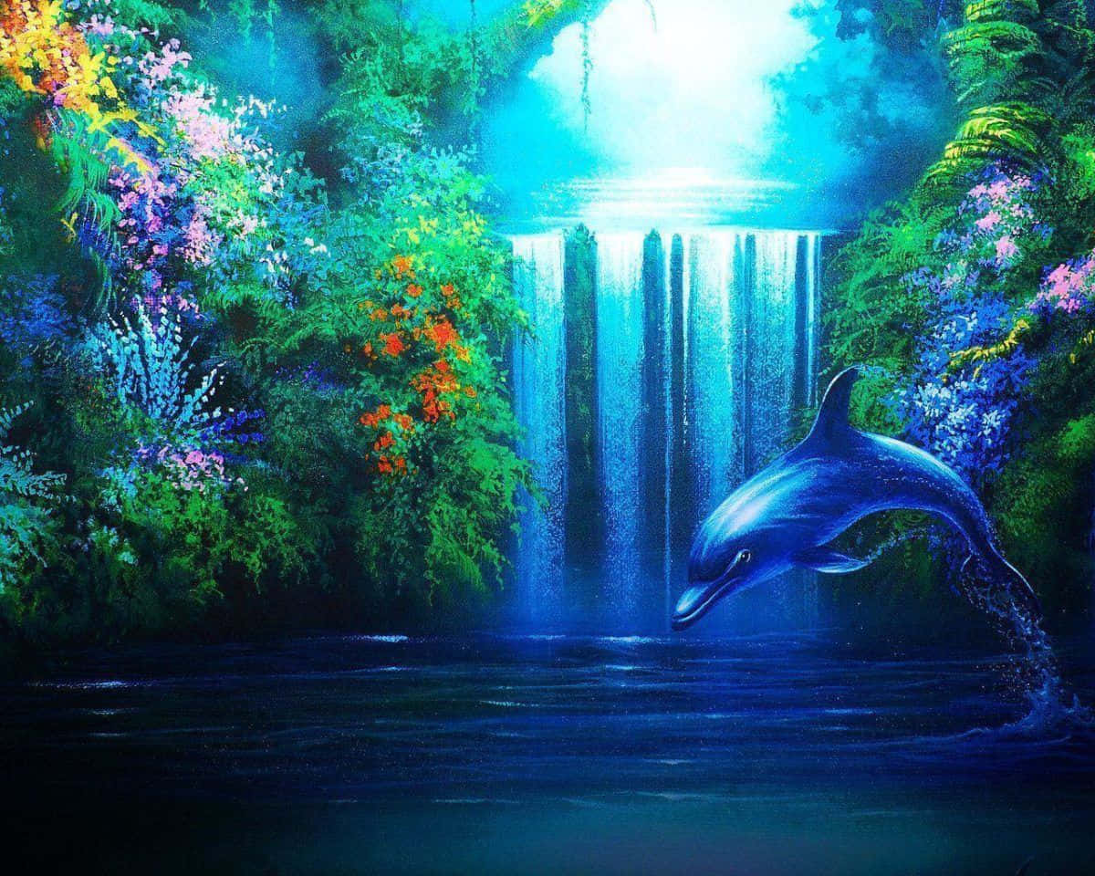 Dolphin Sunset, vibrant blue dolphin, glowing waters, SD Desktop Wallpaper