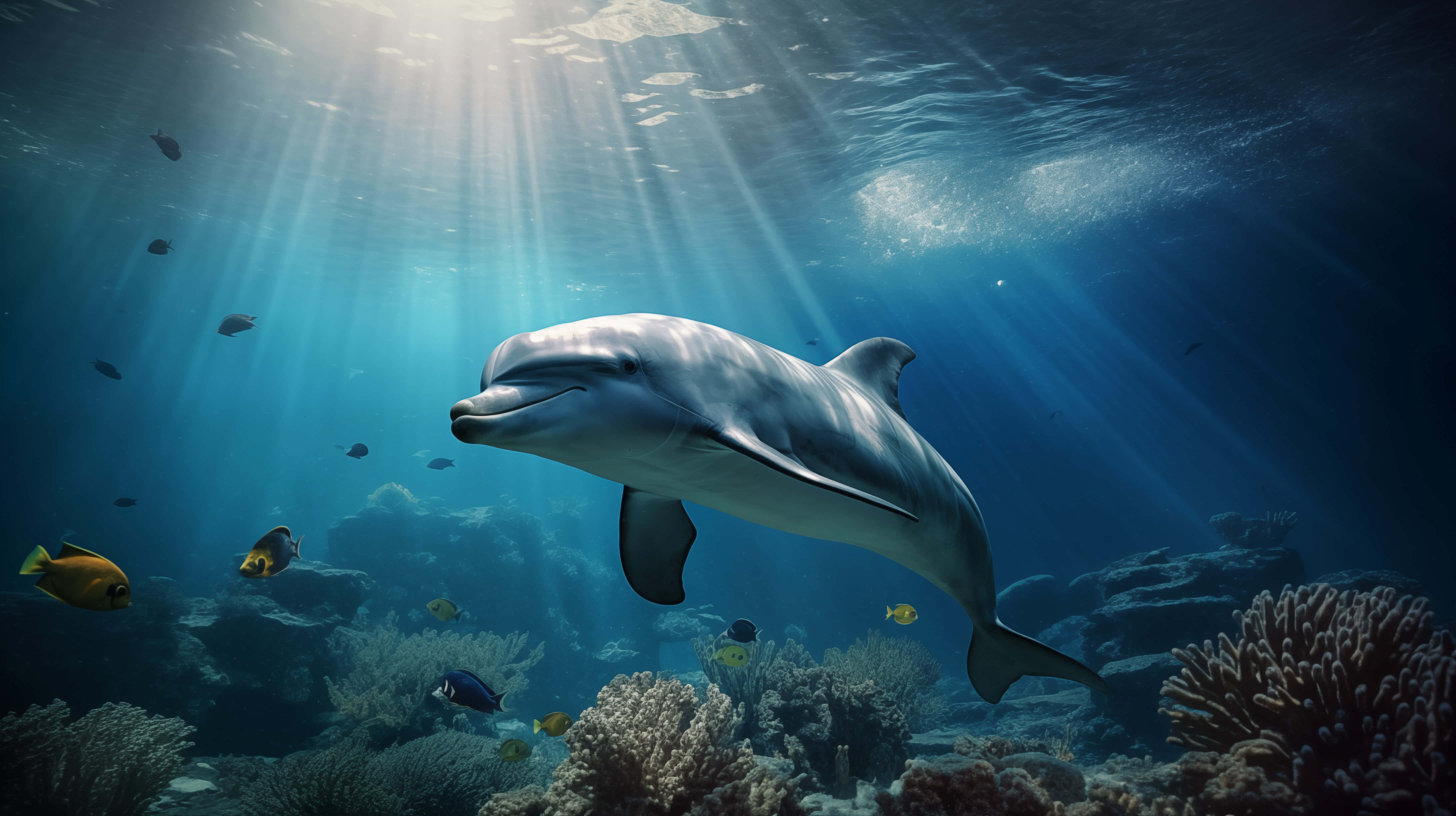 dolphin, sunlit turquoise waters, vibrant coral reef, 5K Desktop Wallpaper