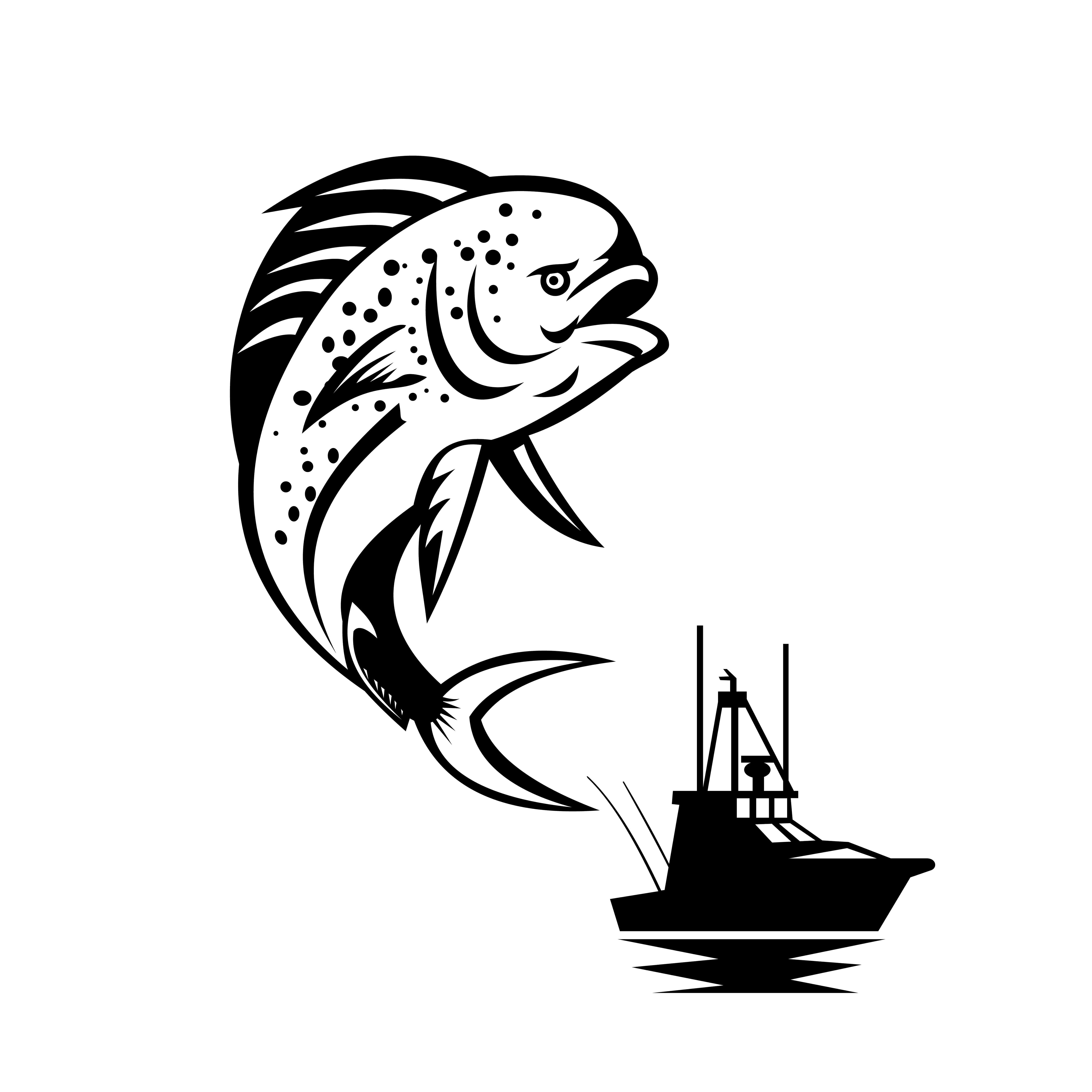 dolphinfish, fishing boat, black and white stylized illustration, 4K Desktop Wallpaper