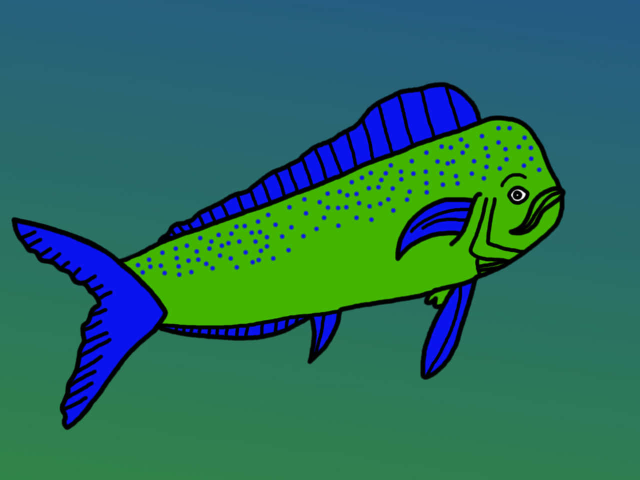 colorful dolphinfish, cartoonish green fish, blue fins, HD Desktop Wallpaper