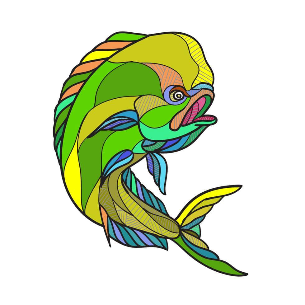 colorful stylized dolphinfish illustration, geometric color blocks, hatching patterns, SD Desktop Wallpaper