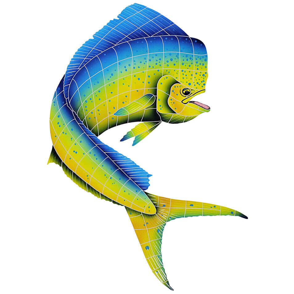 colorful dolphinfish illustration, vibrant blue and yellow gradients, white grid lines, SD Desktop Wallpaper