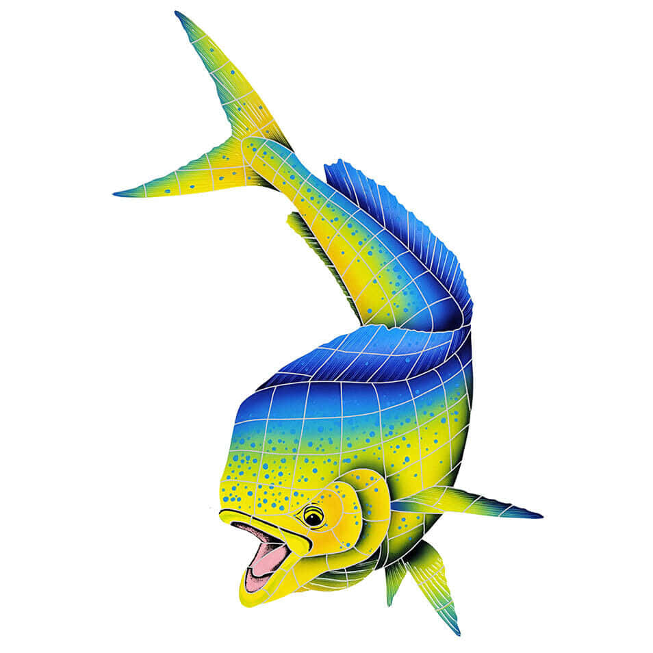 colorful dolphinfish illustration, vibrant blue and yellow mahi mahi fish, grid pattern, SD Desktop Wallpaper