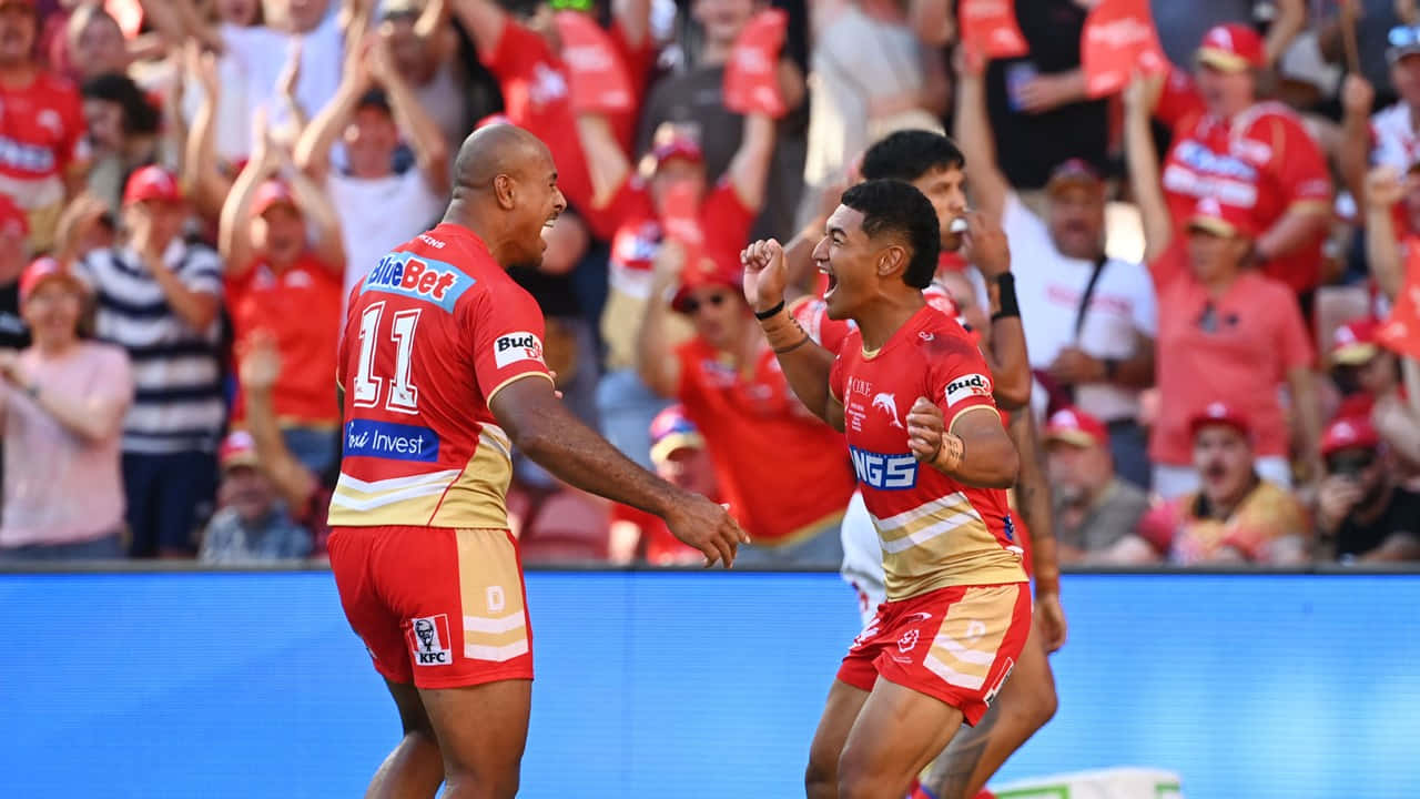 Dolphins Nrl, red and gold jerseys, rugby league players, HD Desktop Wallpaper