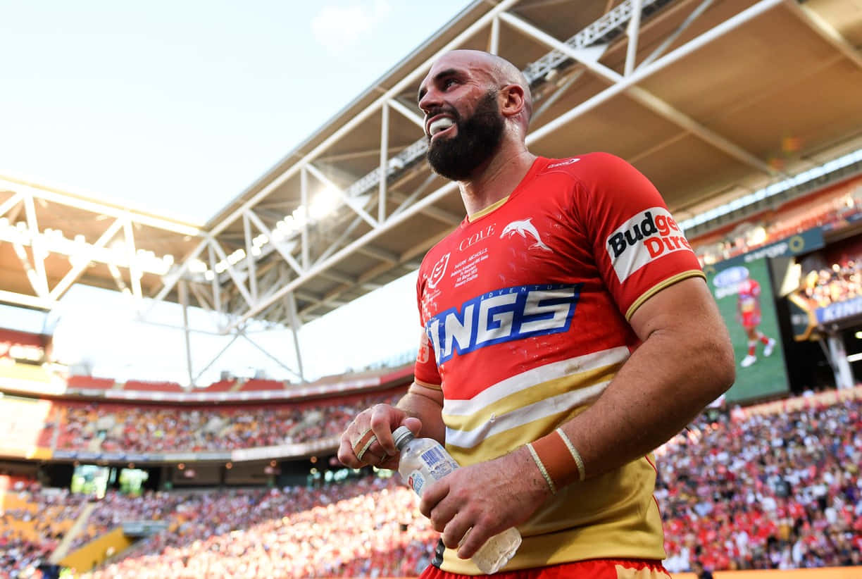 Dolphins Nrl, red and gold jersey, bearded rugby league player, SD Desktop Wallpaper