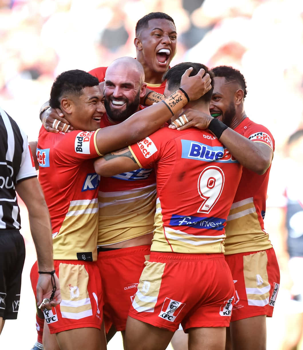 Dolphins NRL, red and gold jerseys, rugby league players, SD Phone Wallpaper