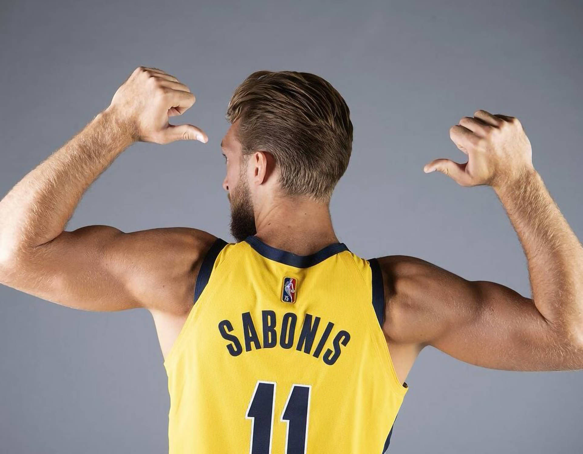 Domantas Sabonis, yellow jersey, gray studio background, Full HD Desktop Wallpaper