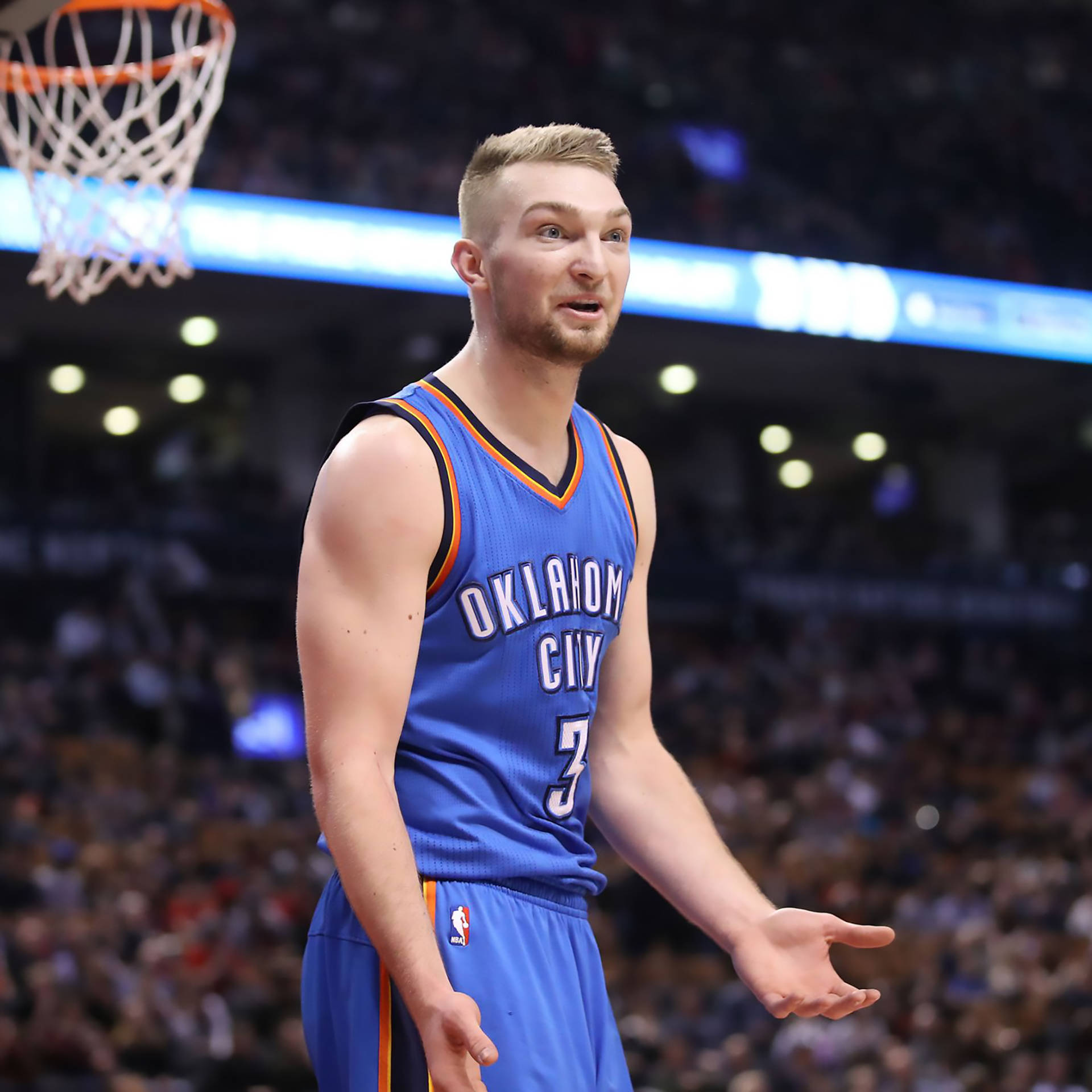 Domantas Sabonis, blue Oklahoma City jersey, hoop, Full HD Desktop Wallpaper