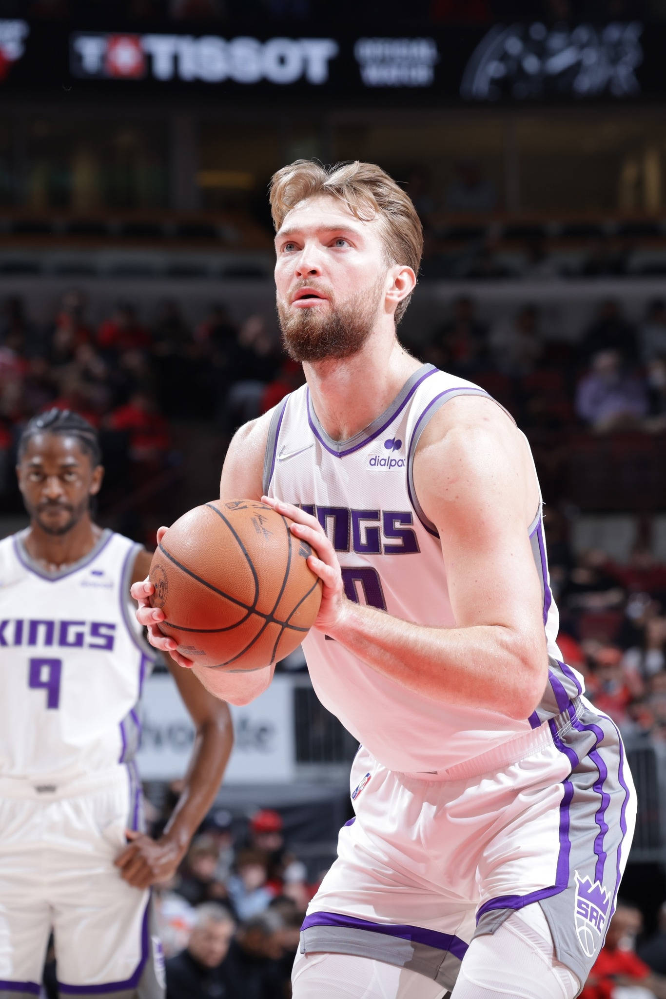 Domantas Sabonis, white and purple Kings uniform, bright arena lights, Full HD Phone Wallpaper
