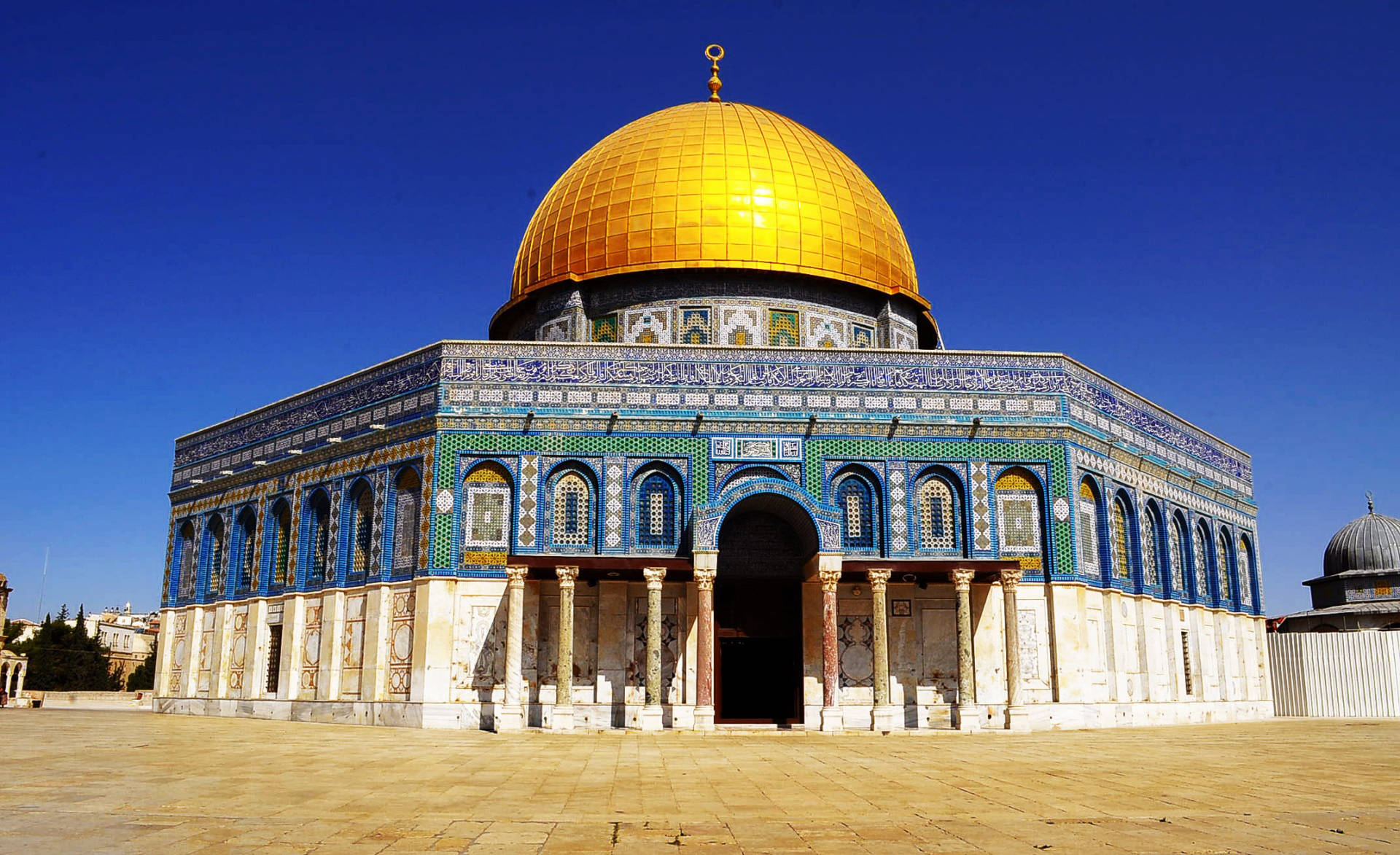 Dome of the Rock, golden dome, blue mosaic patterns, Full HD Desktop Wallpaper