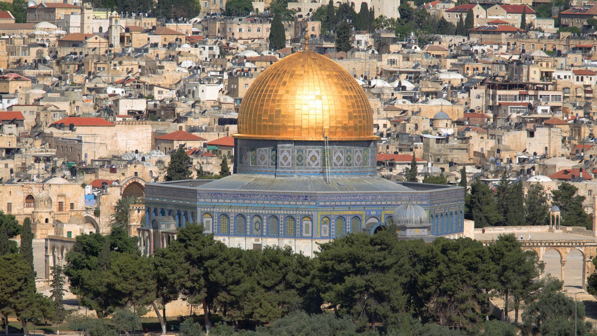 Dome Of The Rock, blue-tiled structure, olive trees, Full HD Desktop Wallpaper