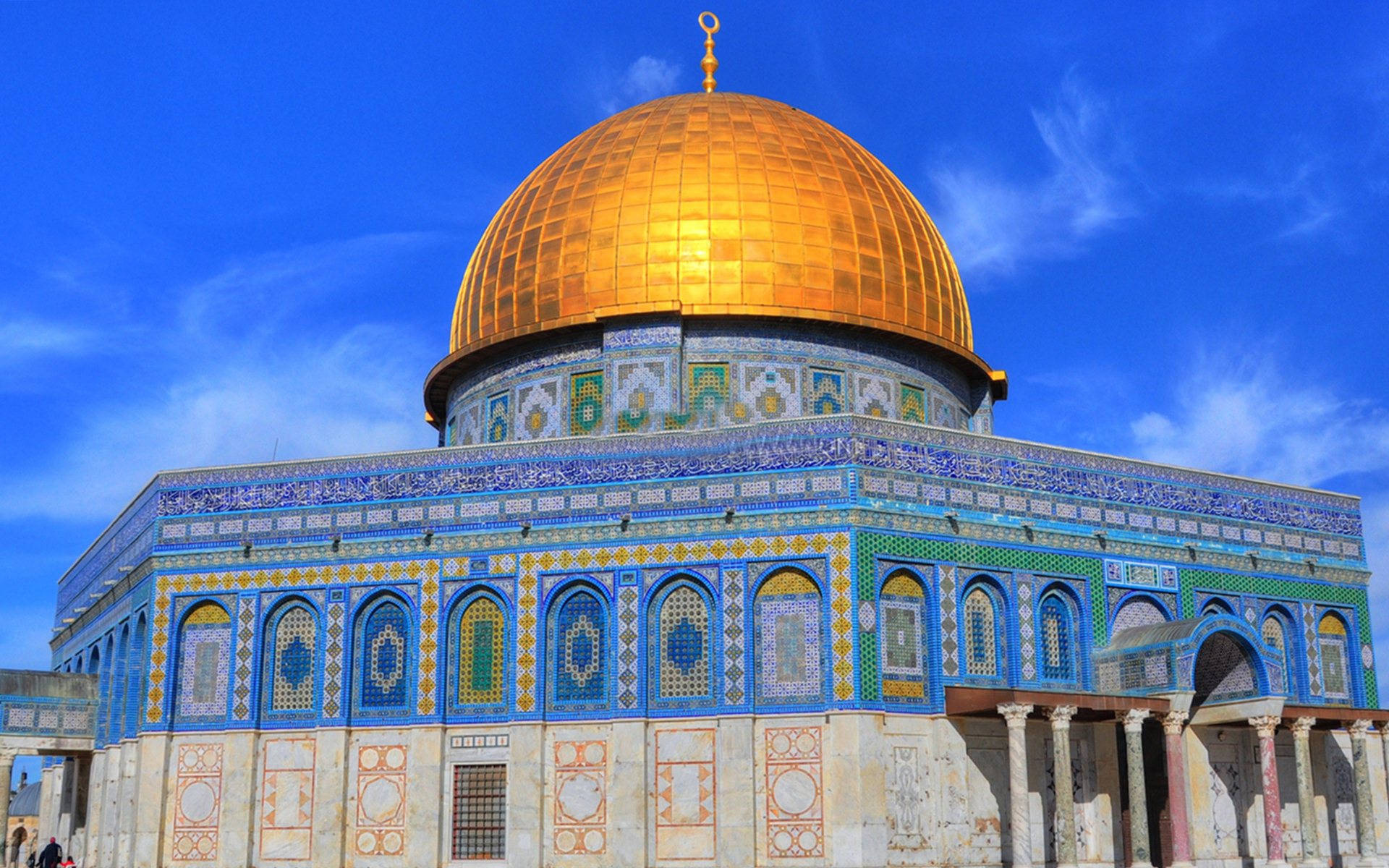 Dome of the Rock, blue and gold tiled facade, vivid blue sky, Full HD Desktop Wallpaper