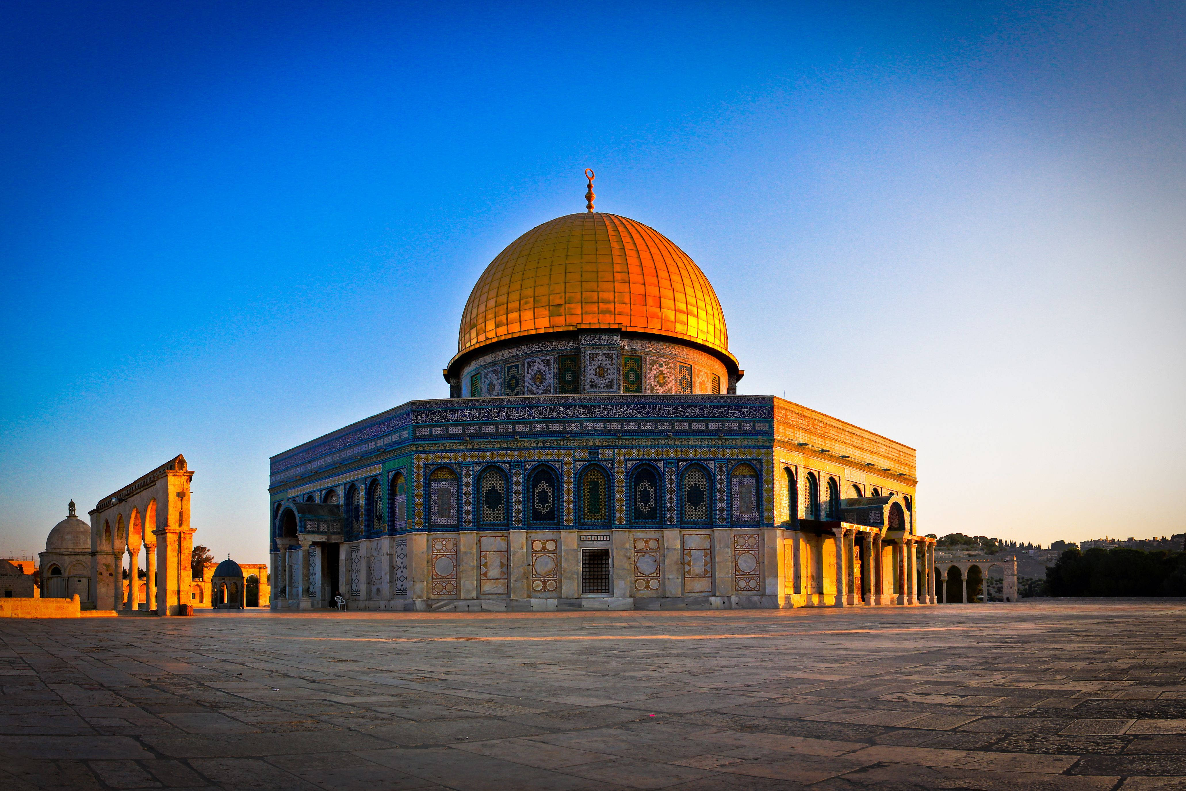 Dome of the Rock, sunrise, golden glow, 4K Desktop Wallpaper