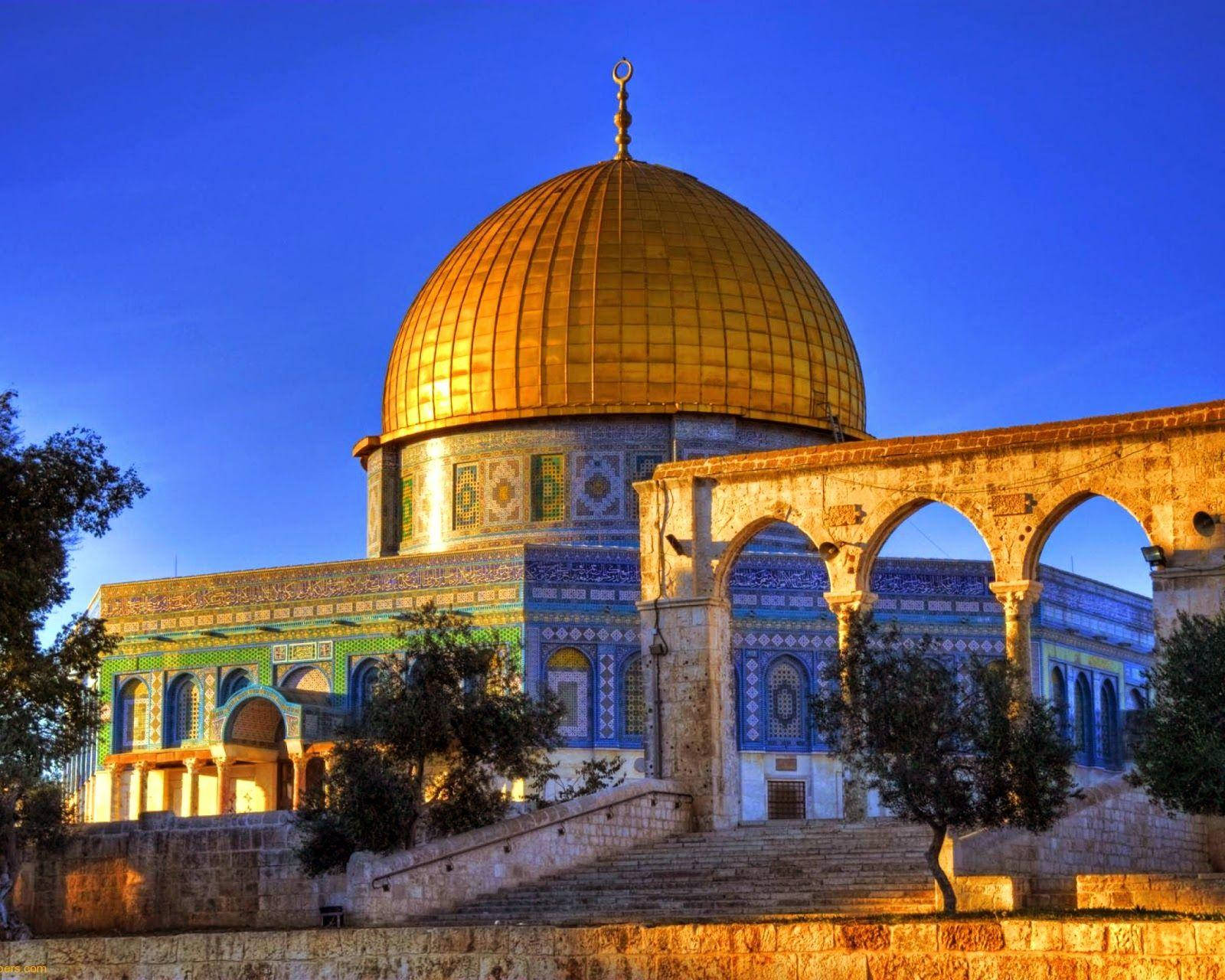 Dome Of The Rock, Golden Dome, deep blue twilight sky, HD Desktop Wallpaper