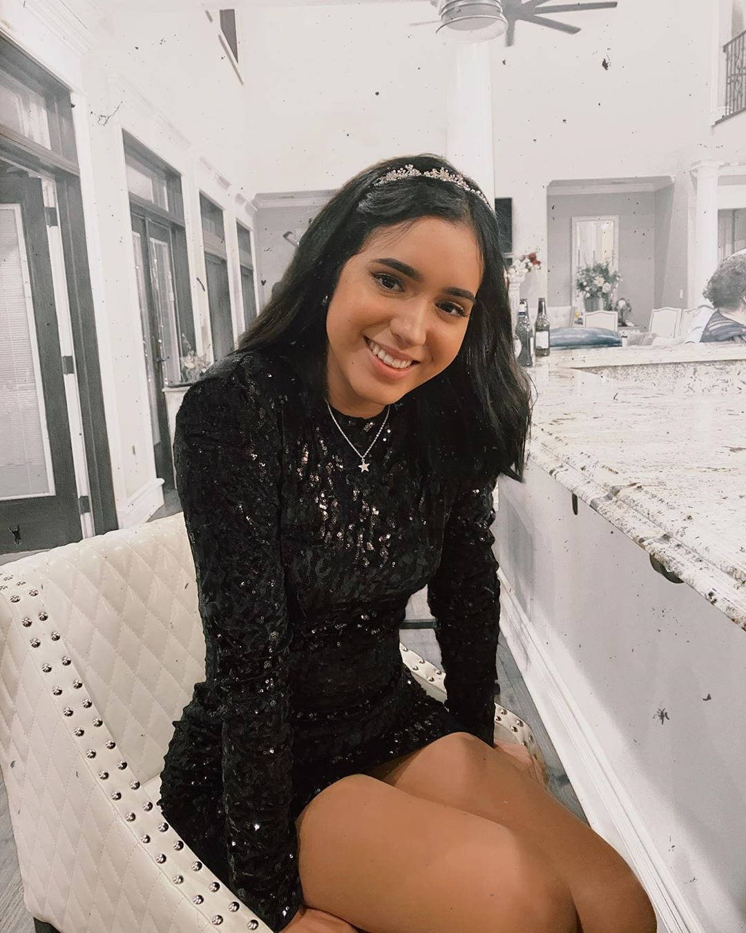 Domelipa, black sequined dress, white studded chair, HD Phone Wallpaper