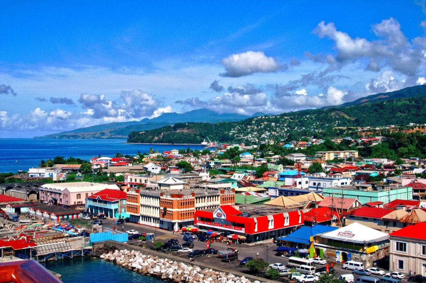 Dominica, colorful houses, turquoise sea, HD Desktop Wallpaper
