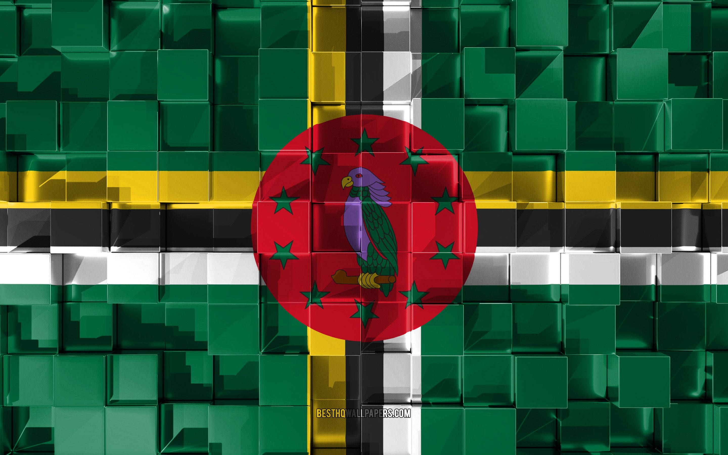 Dominica, glossy green cubes, central red circle, 2K Desktop Wallpaper